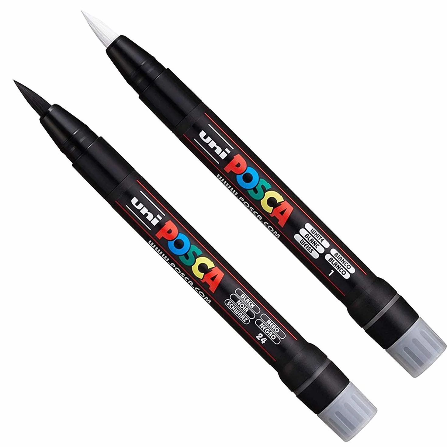 Posca Uni PCF-350 Marker z końcówką pędzla - długopis do tkaniny, szkła, metalu - czarno-biały zestaw (po 1 szt.)