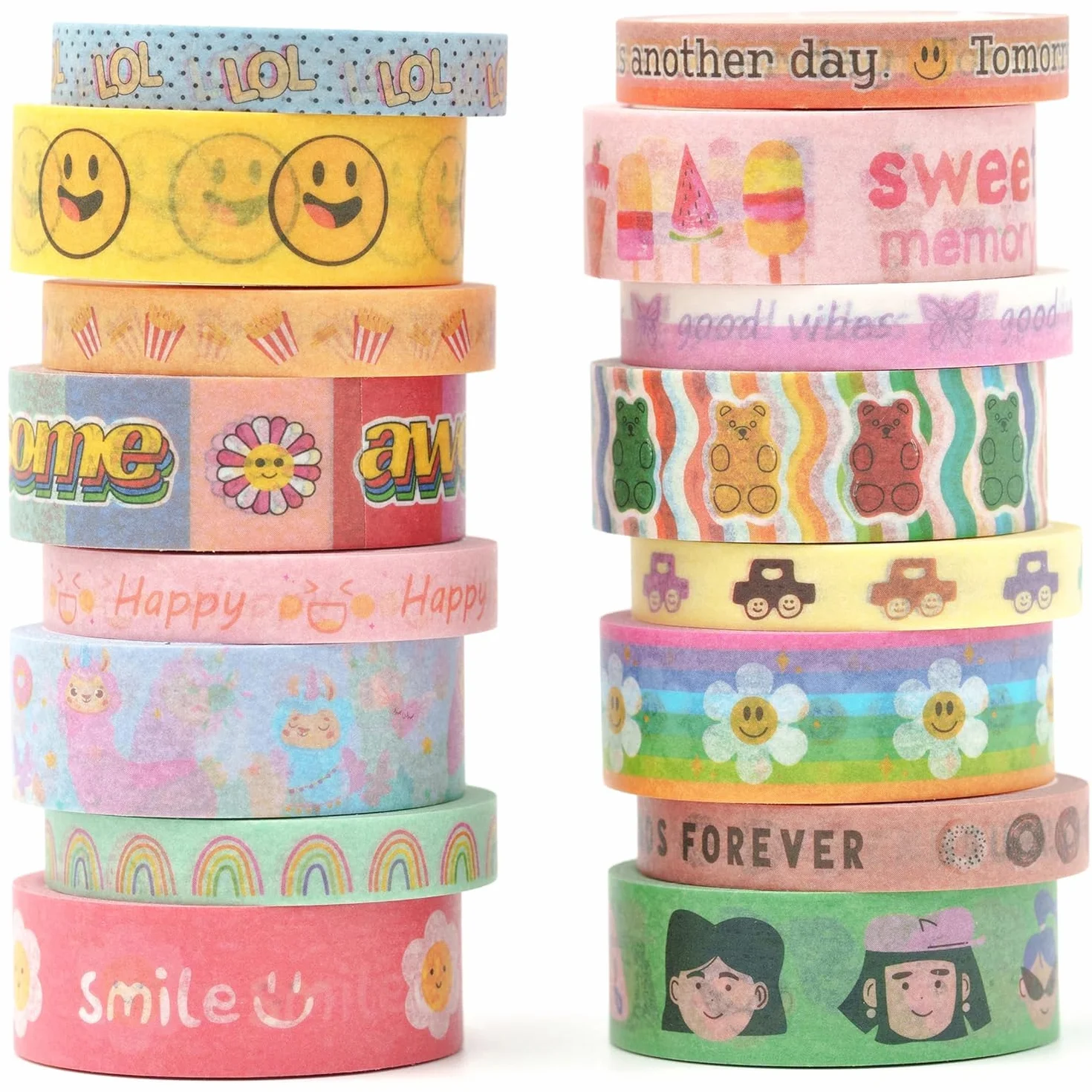 Śliczna taśma Washi z kreskówek, 16 rolek jasnych kolorów, folia do maskowania kawaii, taśma dekoracyjna, kolorowa taśma do samodzielnego wykonania, bullet dzienników, planerów, scrapbookingu,