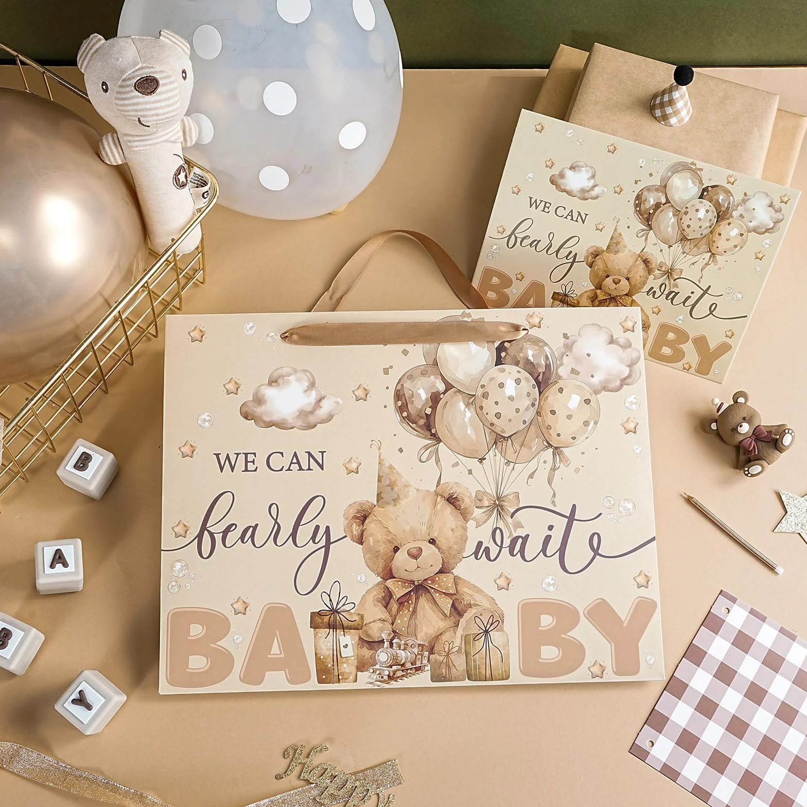 Loveinside 33 cm Niedźwiedź Baby Shower Torby na prezenty urodzinowe z bibułką i kartką - brązowy miś papierowe torby dla dzieci chłopców dziewcząt przyjęcie urodzinowe baby shower artykuły