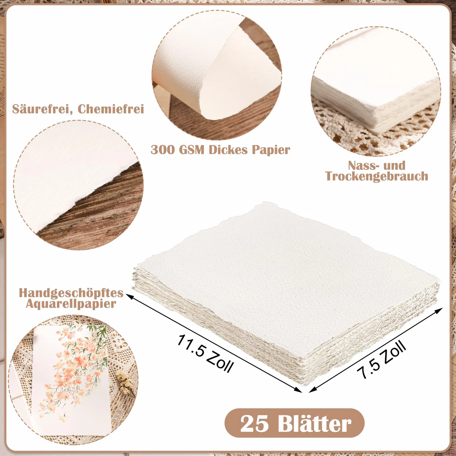 Papier czerpany, 300 g/m², format A4/28,5 x 19,6 cm, ręcznie czerpany, papier akwarelowy, papier strukturalny, gruby papier do zaproszeń, rysowania, szkicowania, pisania (25 arkuszy)