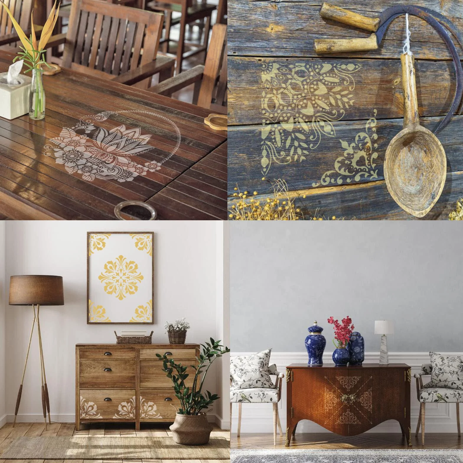 MWOOT 4-częściowy zestaw szablonów mandali, wielokrotnego użytku, szablony malarskie, szablon DIY do malowania, materiały ścienne drewniane płytki podłogowe dziennik krawędzi dekoracji (30 x 30 cm)