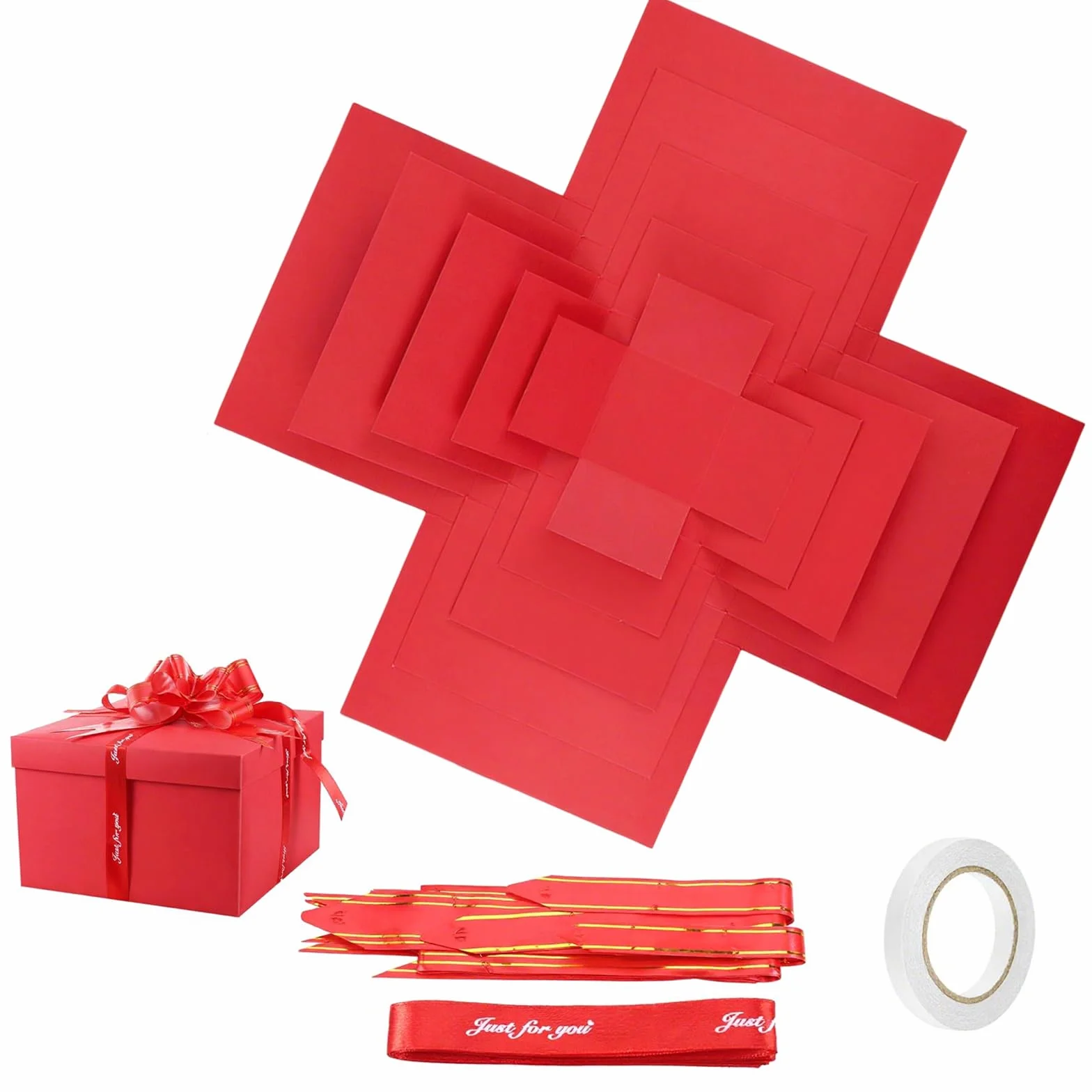 5-warstwowe kreatywne pudełko typu explosion, pudełko na słodycze, z taśmą klejącą i taśmą, DIY Box, na urodziny, Boże Narodzenie, oświadczyny, jubileusz, ślub, Dzień Matki (czerwone)