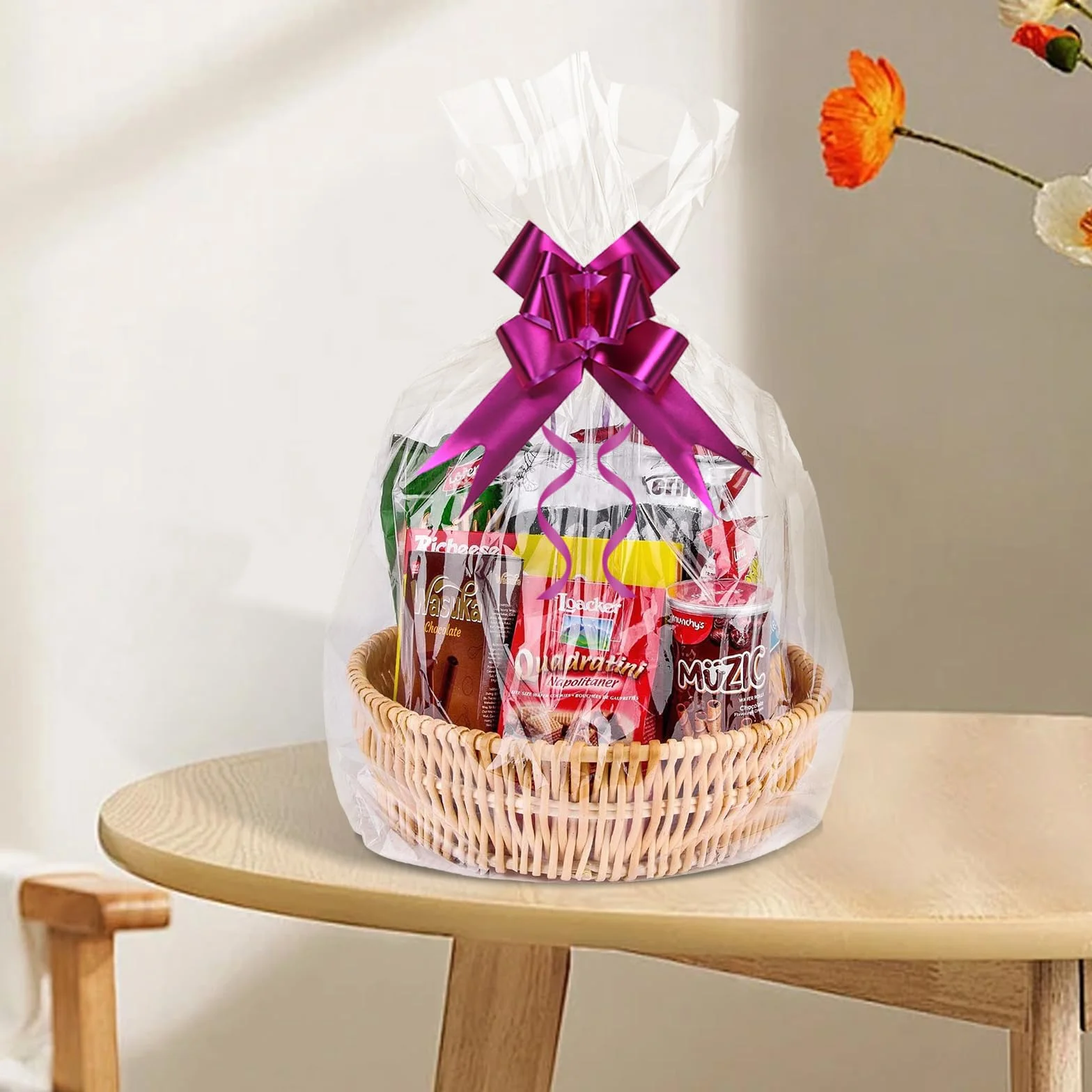 GOTRUST Duże torby celofanowe, 16 szt., przezroczysta celofanowa torba na smakołyki, 2 rozmiary celofanów do koszy z kokardą, do pakowania prezentów, 70 x 100 cm, 50 x 70 cm
