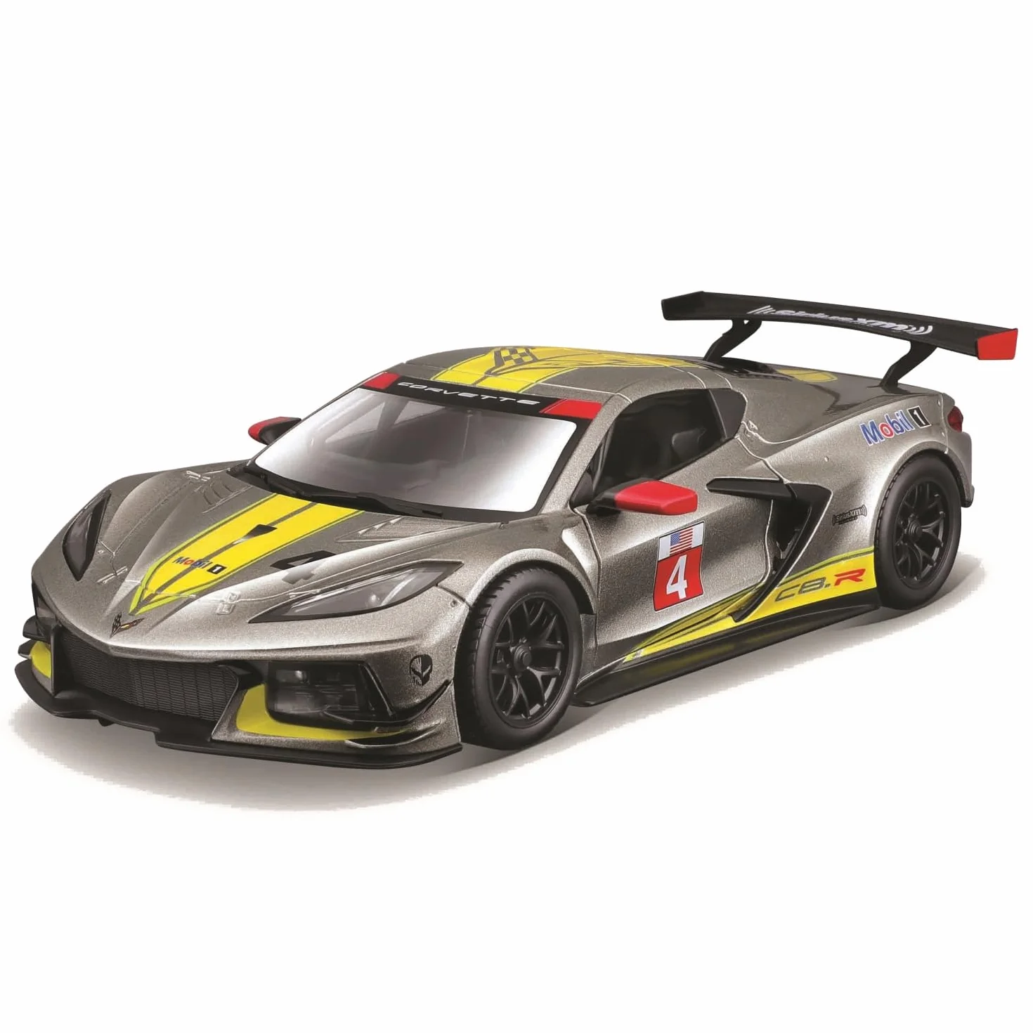 Bburago - Chevrolet Corvette C8R - Żółty - Nowość 2024: metalowa replika wyścigów w skali 1/24. Szczegóły wnętrza, otwierane drzwi i kaptur zapewniają autentyczne wrażenia