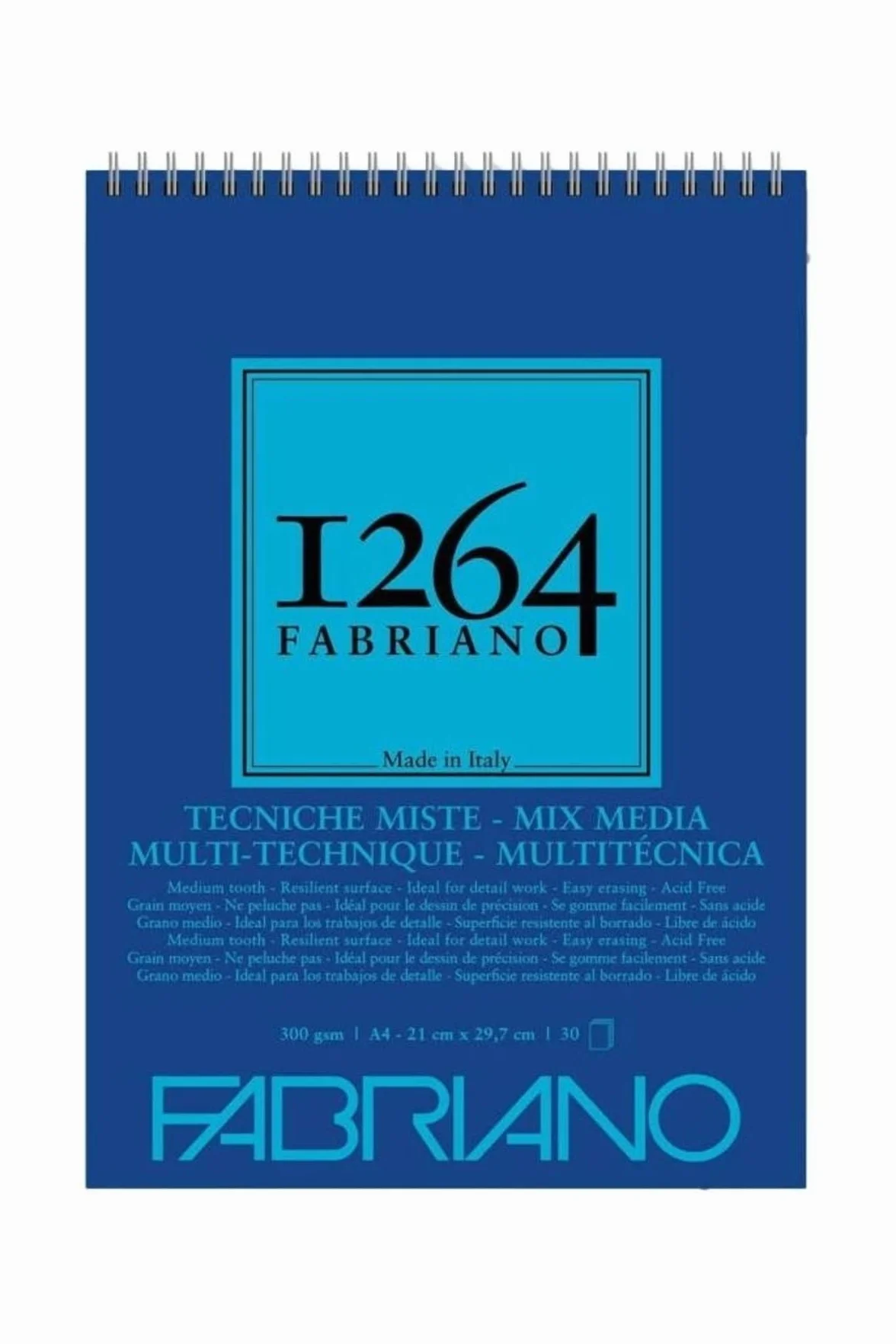Honsell 19100643 - Fabriano Mix Media blok spiralny 1264, 300 g/m², DIN A4, 30 arkuszy naturalnego białego papieru średnioziarnistego, bezkwasowy, nadaje się do wszystkich różnorodnych technik