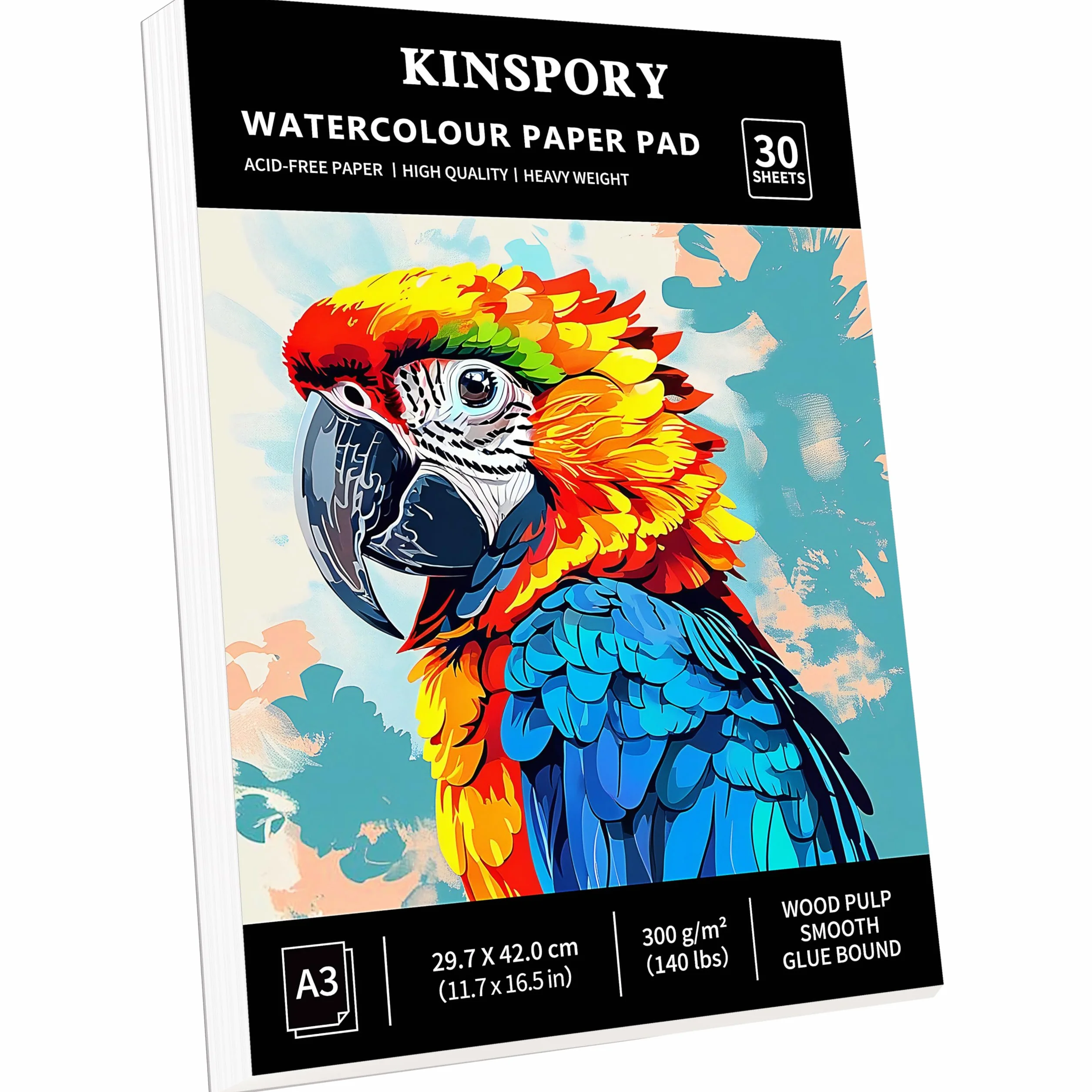 KINSPORY Papier akwarelowy A3, 30 kartek - 42 x 29,7 cm, 300 GSM, klejone, fakturowane na zimno, papieru akwarelowego do akwareli, szkicownik do malowania, szkicowania i mixed media