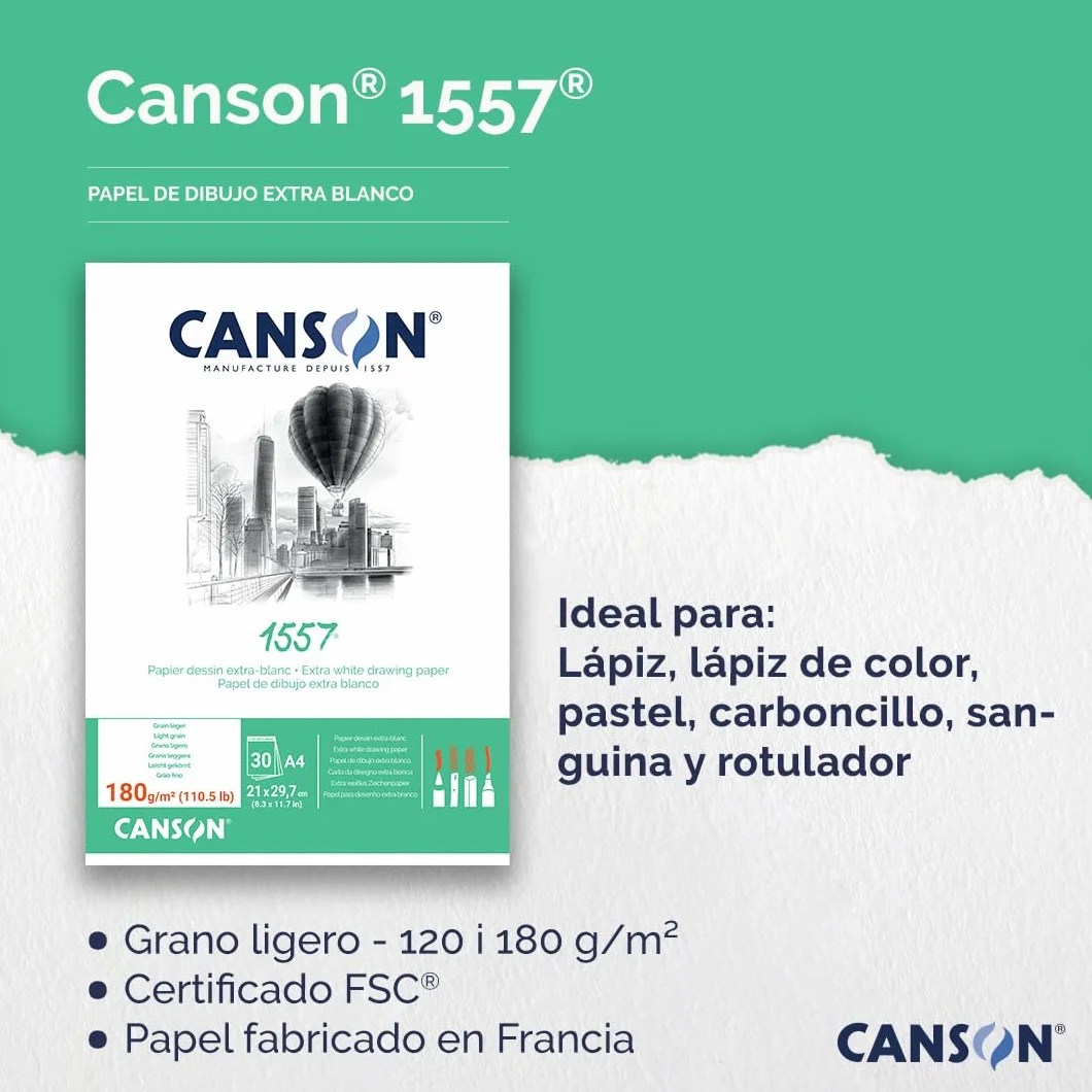 Canson 1557 blok do rysunku klejony, A2, 30 arkuszy, 180 g/m², lekko ziarnisty