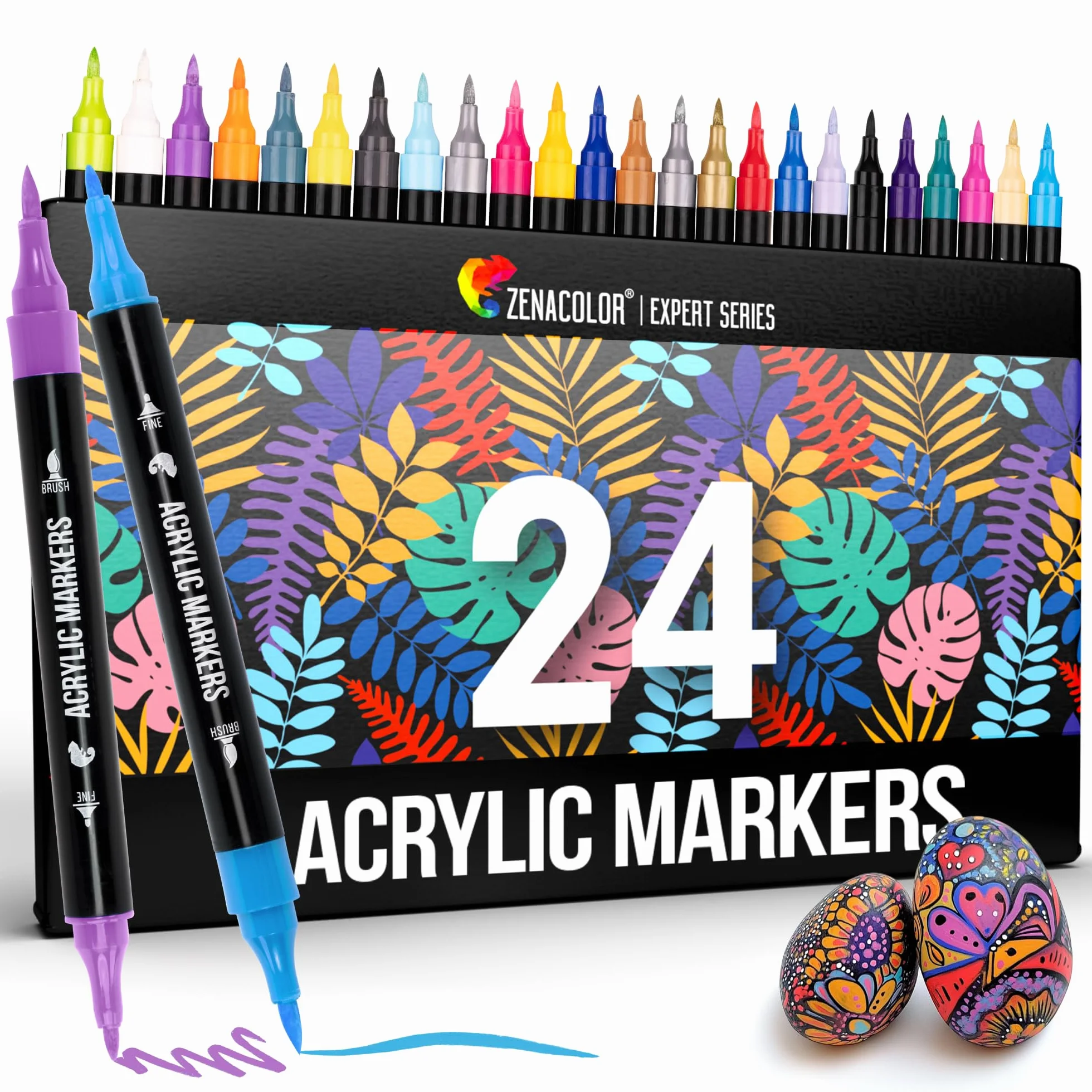 Zenacolor 24 pisaki akrylowe do kamieni wodoodporne z podwójną końcówką (cienka końcówka i pędzelek) - Pisaki akrylowe do różnych powierzchni - Multimarker akrylowy