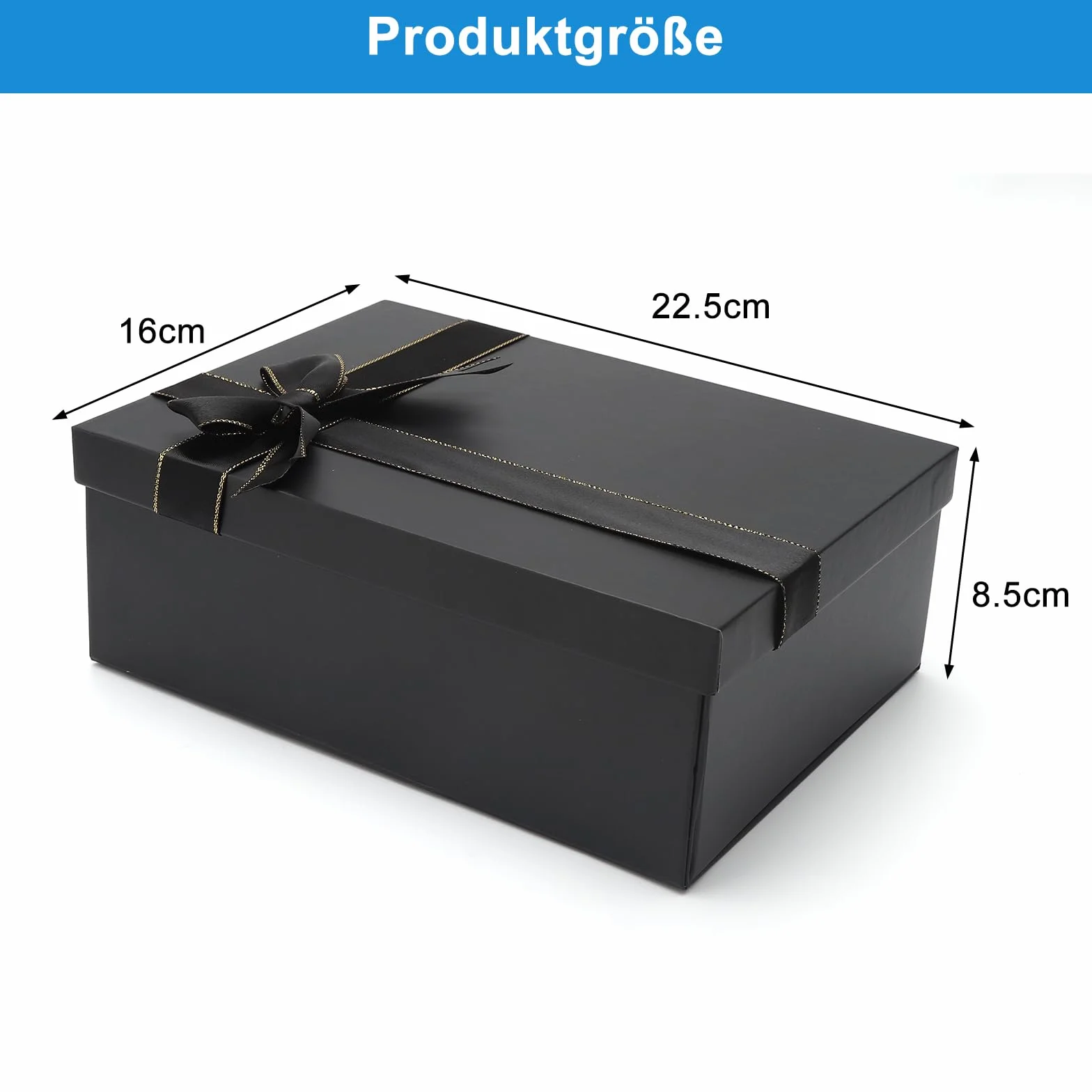 ZMDMAH Czarne pudełko prezentowe z pokrywką, 22,5 x 16 x 8,5 cm, prostokątne opakowanie na prezent, urodziny, z kokardką, pudełko na prezent, na urodziny, wesele, urodziny, Boże Narodzenie, jubileusz