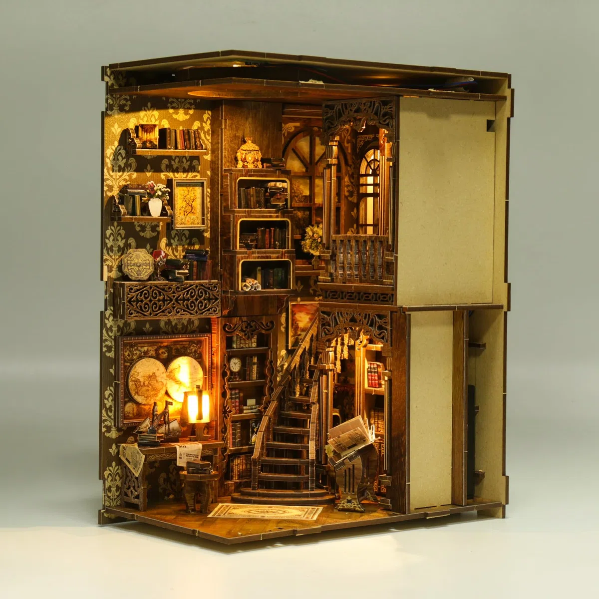 Tecnock Zestaw do samodzielnego wykonania, miniaturowy zestaw domków dla dorosłych i nastolatków, antyczna scena biblioteczna, dekoracja z przełącznikiem dotykowym, drewniane puzzle 3D, prezent dla