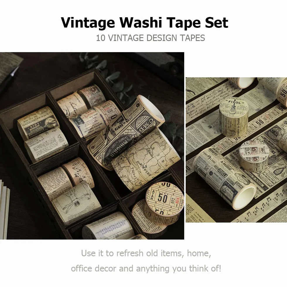 10 rolek (łącznie 30 m) zestaw taśm Washi w stylu vintage, taśma maskująca, nostalgiczny styl, naklejka dekoracyjna do majsterkowania, scrapbookingu, pamiętnika, planera, pakowania prezentów