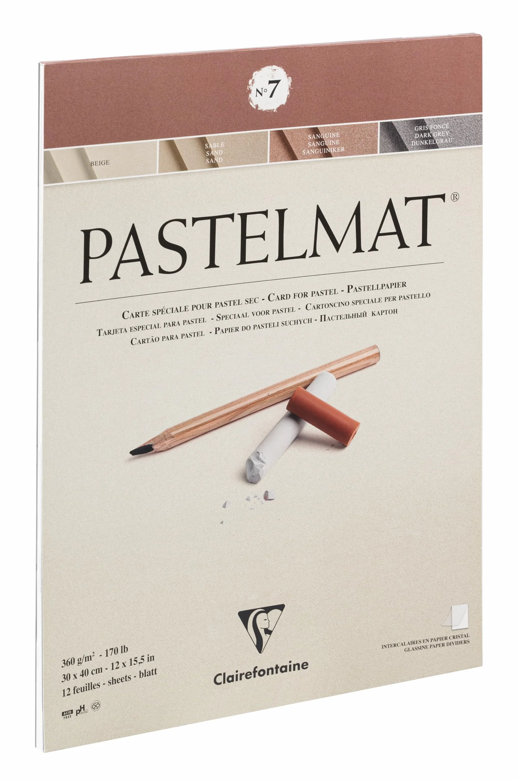 Clairefontaine 96054C Blok Pastelmat n°7 – 12 arkuszy specjalnego papieru do pasteli suchych – 30x40 cm 360g – 4 kolory – przekładki z papieru krystalicznego