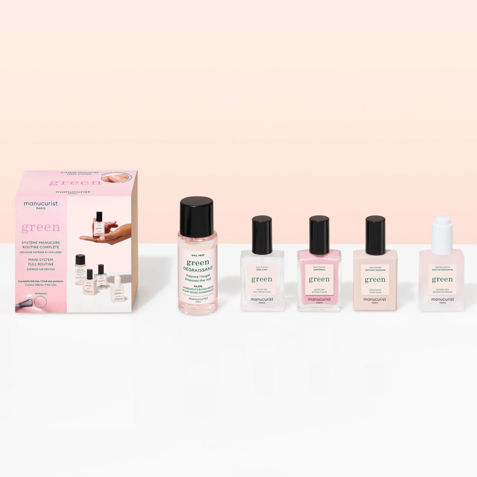 Manucurist Green™ Rose System (Hortencia) - Organiczny Profesjonalny zestaw do manicure'u wegańskiego: 1 odtłuszczacz, 1 lakier do paznokci Hortencia, 1 lakier do paznokci, 1 lakier do paznokci, suche