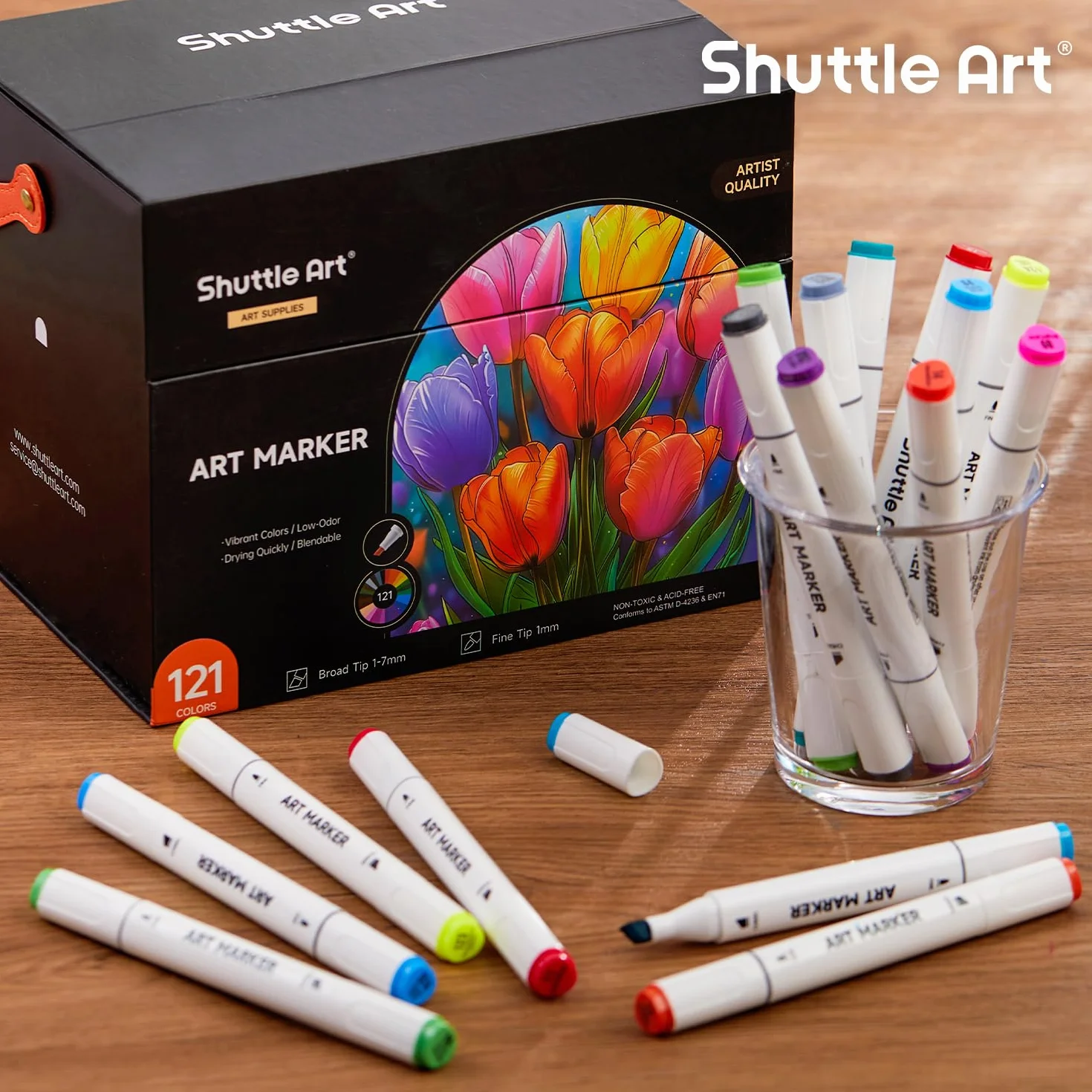 Shuttle Art 121 kolorów markerów alkoholowych, profesjonalne pisaki artystyczne z podwójną końcówką i bezbarwny blender, flamastry z etui dla artystów, dorosłych, ilustracja, kolorowanie, szkicowanie