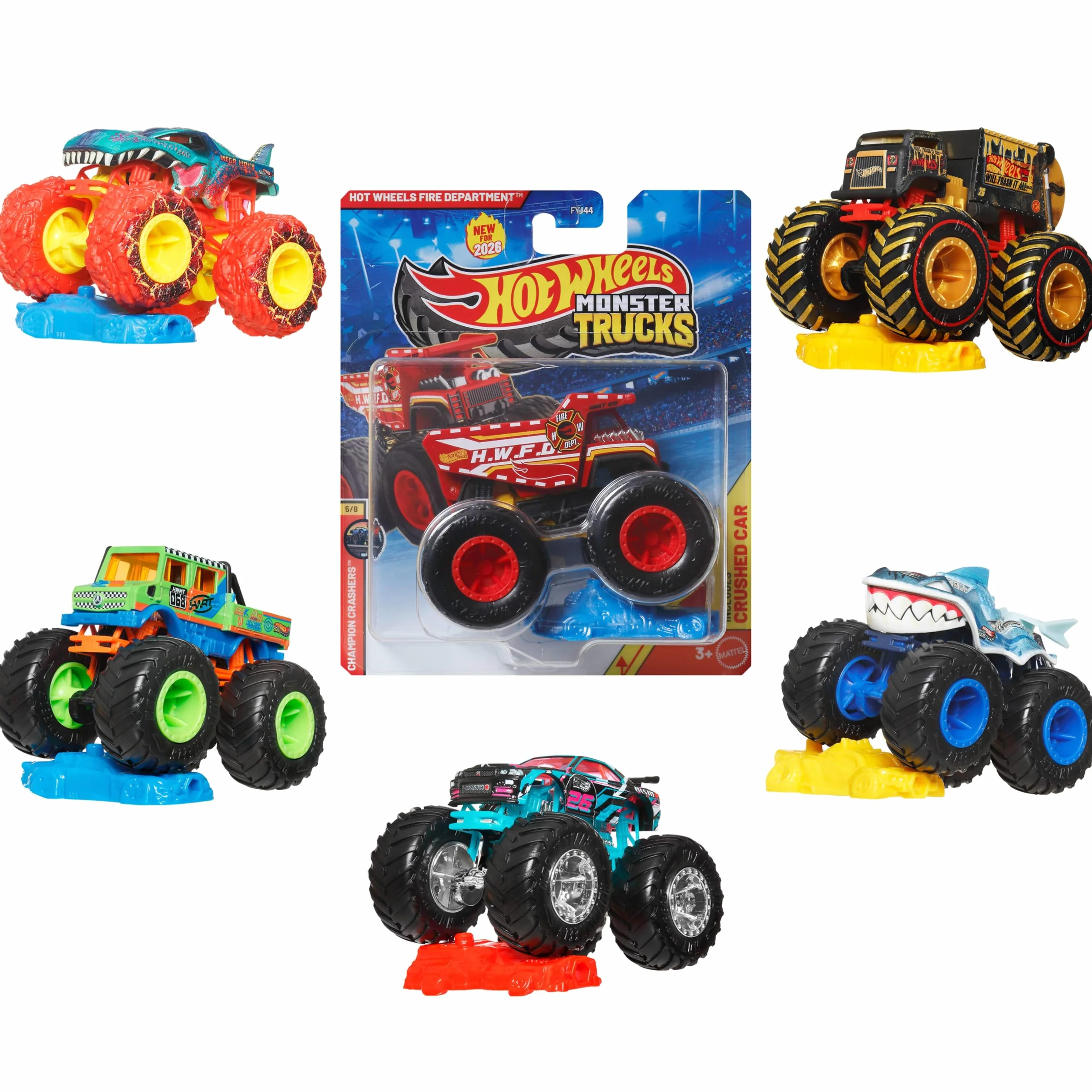 Hot Wheels Monster Trucks Set, 1 Toy Truck in 1:64 Scale & 1 Crushable Car, Vehicle Play for Kids & Collectors (Styles May Vary), FYJ44