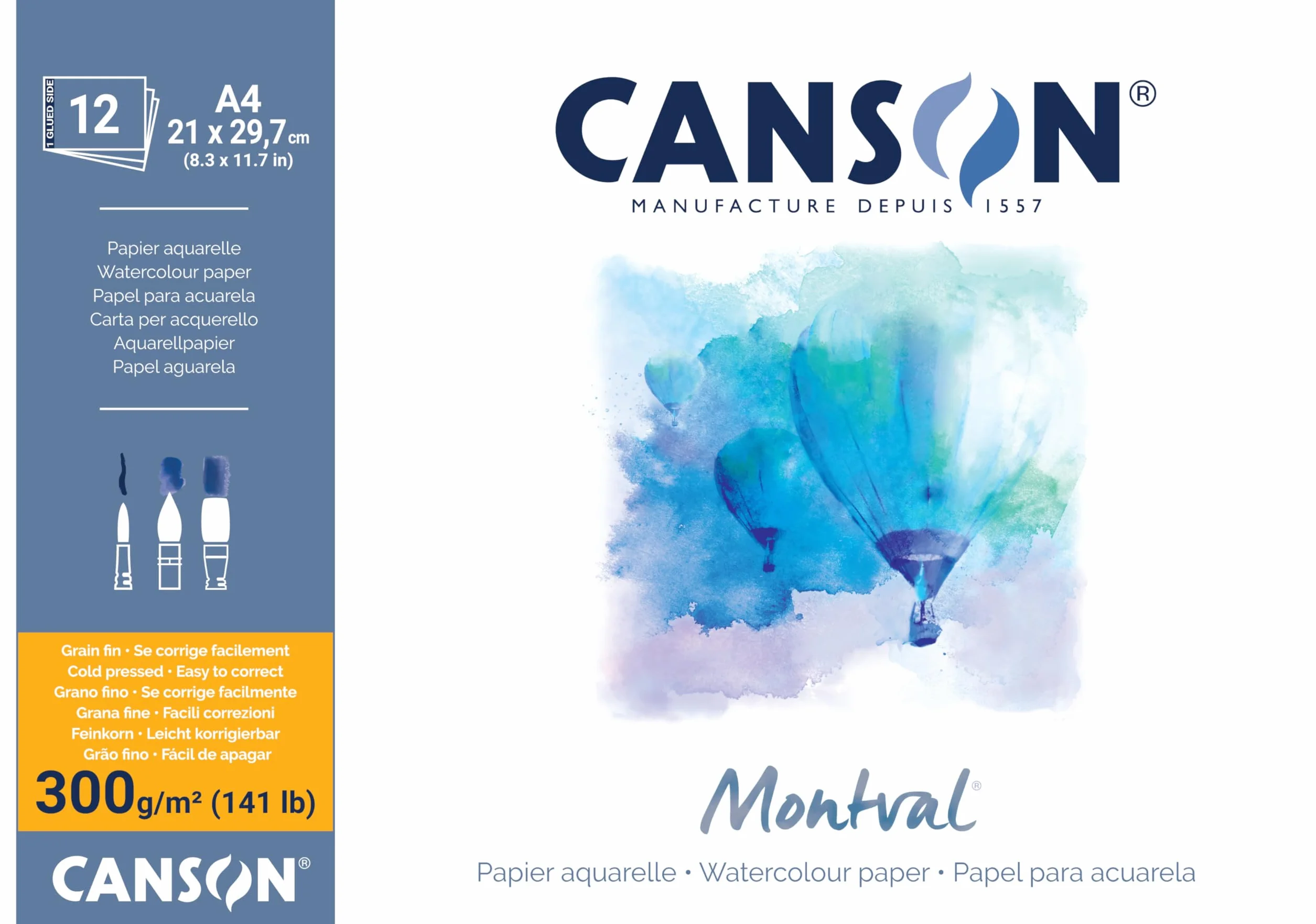 CANSON Montval papier akwarelowy, drobnoziarnisty, 300 gsm, 141 lb, arkusz, A4-21 x 29,7 cm, naturalny biały