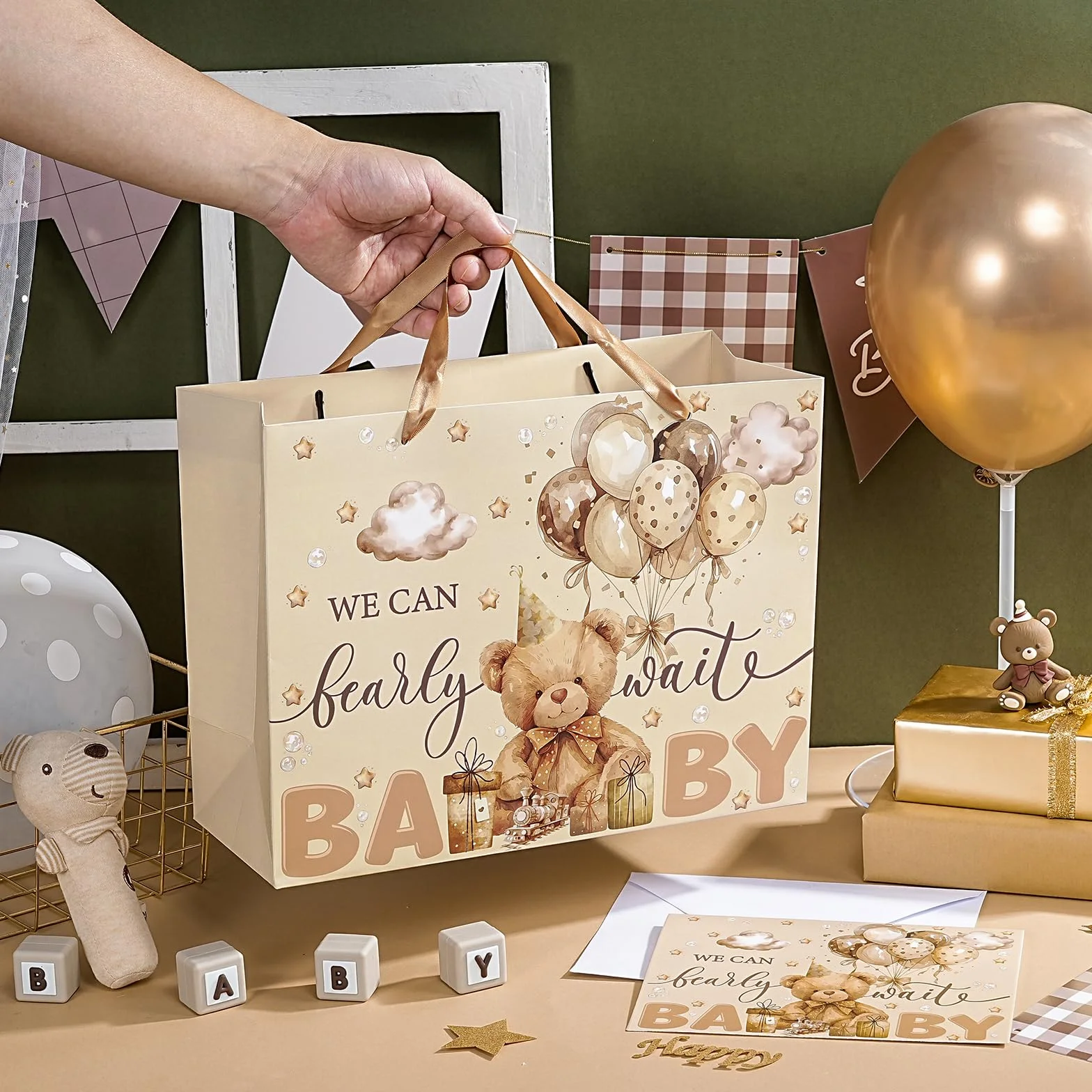 Loveinside 33 cm Niedźwiedź Baby Shower Torby na prezenty urodzinowe z bibułką i kartką - brązowy miś papierowe torby dla dzieci chłopców dziewcząt przyjęcie urodzinowe baby shower artykuły