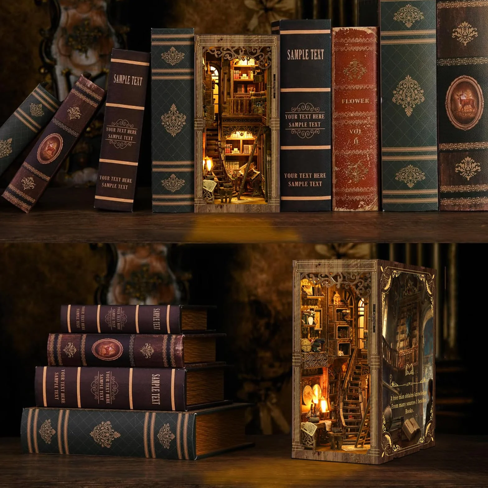 Tecnock Zestaw do samodzielnego wykonania, miniaturowy zestaw domków dla dorosłych i nastolatków, antyczna scena biblioteczna, dekoracja z przełącznikiem dotykowym, drewniane puzzle 3D, prezent dla