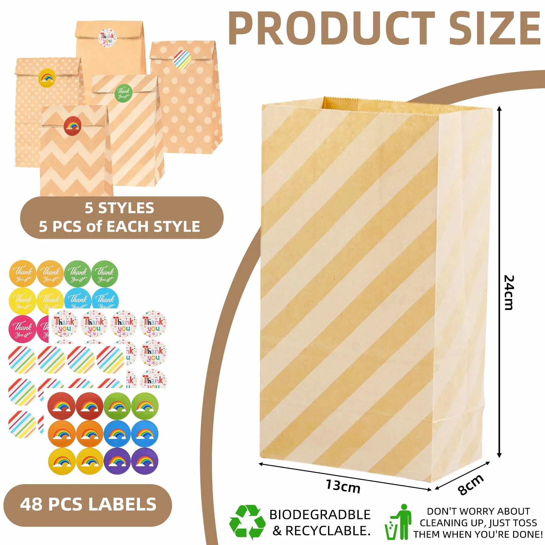 25 sztuk torebek papierowych, brązowe, 24 x 13 x 8 cm, torebki na prezenty urodzinowe dla dzieci, z 48 naklejkami, torebki papierowe typu kraft, torebki na prezenty, małe torebki DIY, na urodziny