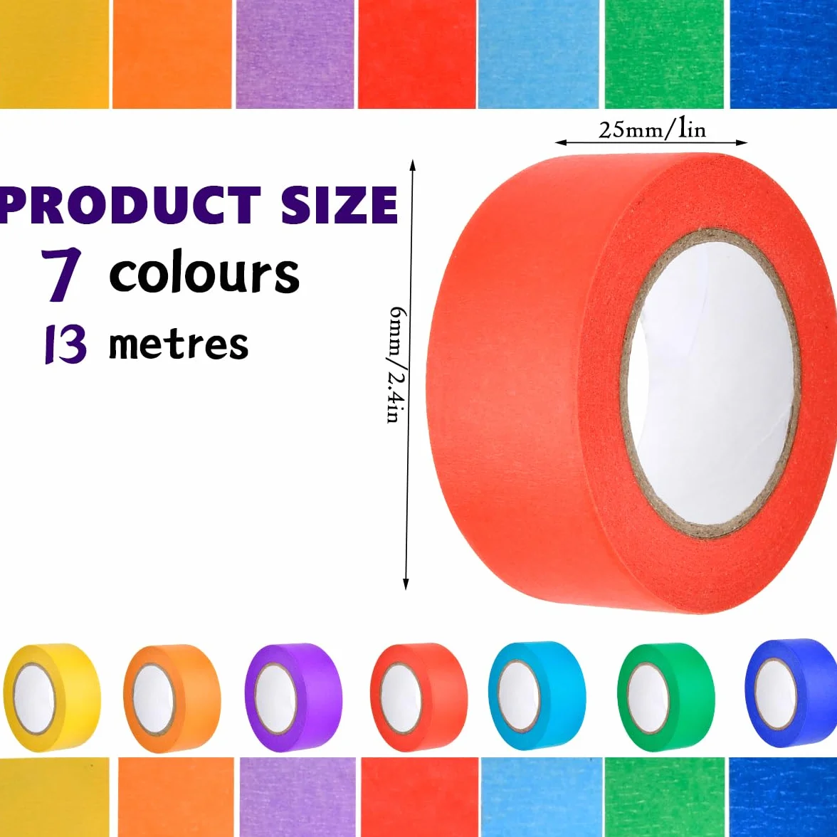 7 rolek kolorowej taśmy klejącej, kolorowe dekoracyjne 13 m × 25 mm, kolorowy papier Washi do pisania do laboratoriów/rękodzieła/etykiet/rzemiosła