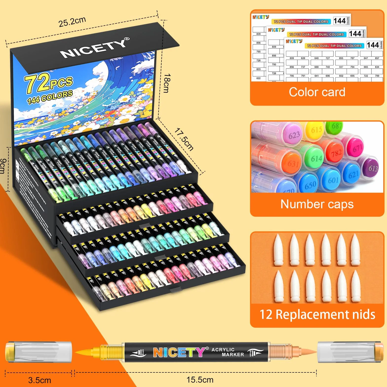 NICETY 144 Kolory Pisaki Akrylowe - 72 Sztuk Markery z Końcówką Pędzelkową do Malowania na Kamieniu, Drewnie, Szkle, Ceramice - Podwójna Końcówka Podwójny Kolor Markery na Bazie Wody