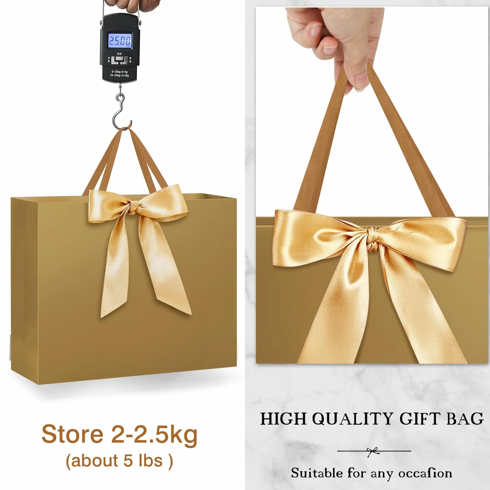HONTIUS Bardzo duża torba prezentowa, 40 cm złote torby prezentowe na prezenty, duża papierowa torba z bibułką i kartkami, 40 x 30 x 12,5 cm, ślub, urodziny, przyjęcie, prezent dla druhny, torba na