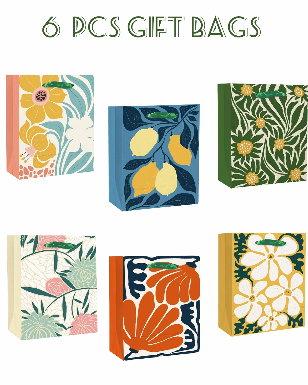 qiqee Clash Flowers papierowe worki prezentowe z uchwytami z bibuły 12 sztuk 6,1 x 12 x 16 cm małe (12 worków + 24 sztuk bibuły)