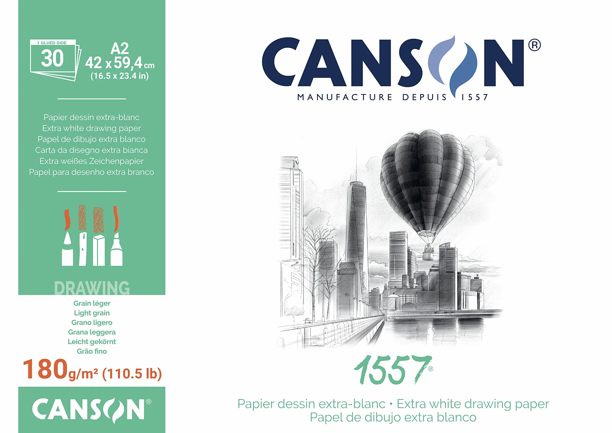 Canson 1557 blok do rysunku klejony, A2, 30 arkuszy, 180 g/m², lekko ziarnisty