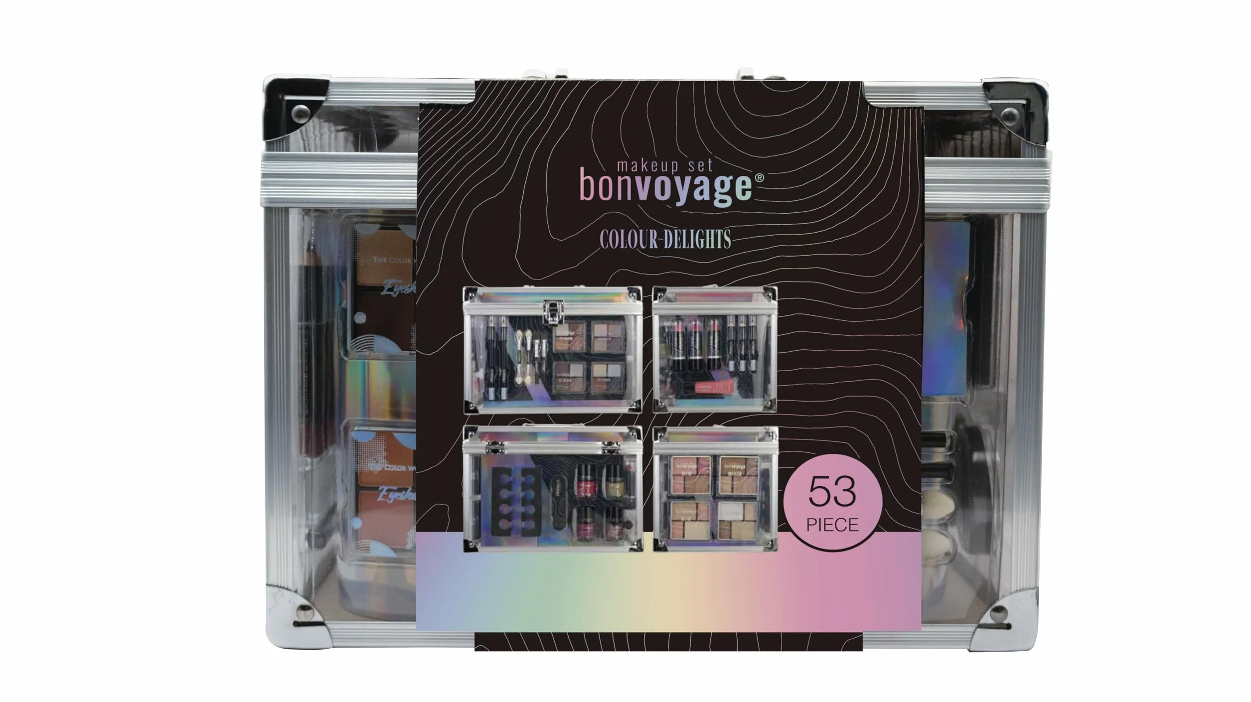 bonvoyage, Zestaw do Makijażu Colour Delights, Zestaw do Makijażu ze Szminką, Cieniami do Powiek, Różem, Zestawem do Manicure i Pedicure, Przenośna i Modna Przezroczysta Walizeczka