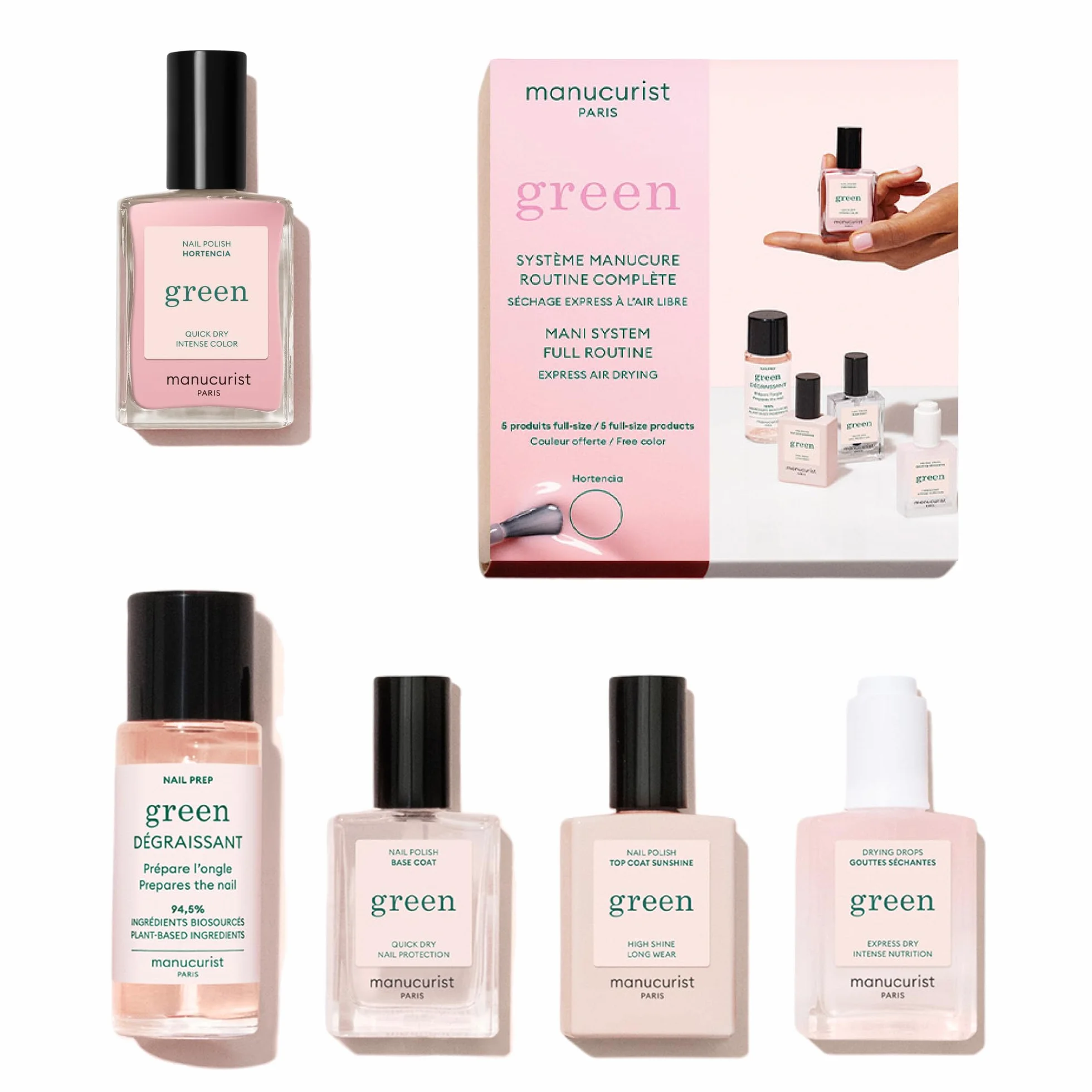 Manucurist Green™ Rose System (Hortencia) - Organiczny Profesjonalny zestaw do manicure'u wegańskiego: 1 odtłuszczacz, 1 lakier do paznokci Hortencia, 1 lakier do paznokci, 1 lakier do paznokci, suche