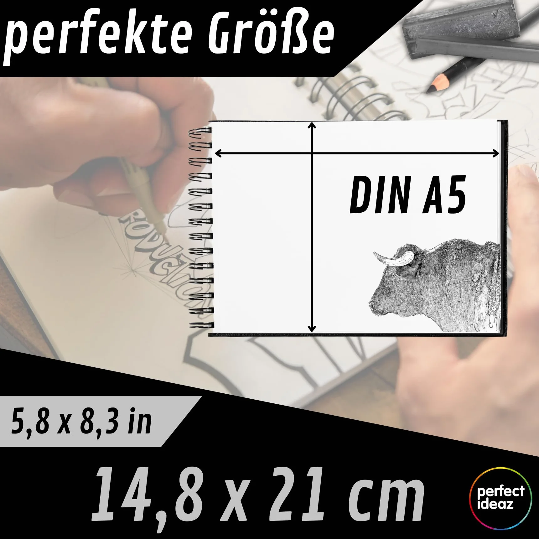 perfect ideaz szkicownik 96 stron (48 arkuszy) DIN-A5, profesjonalny notatnik do rysowania, książka spiralna z białym białym białym papierem, 200 g, szkicownik i czarna księga do rysowania