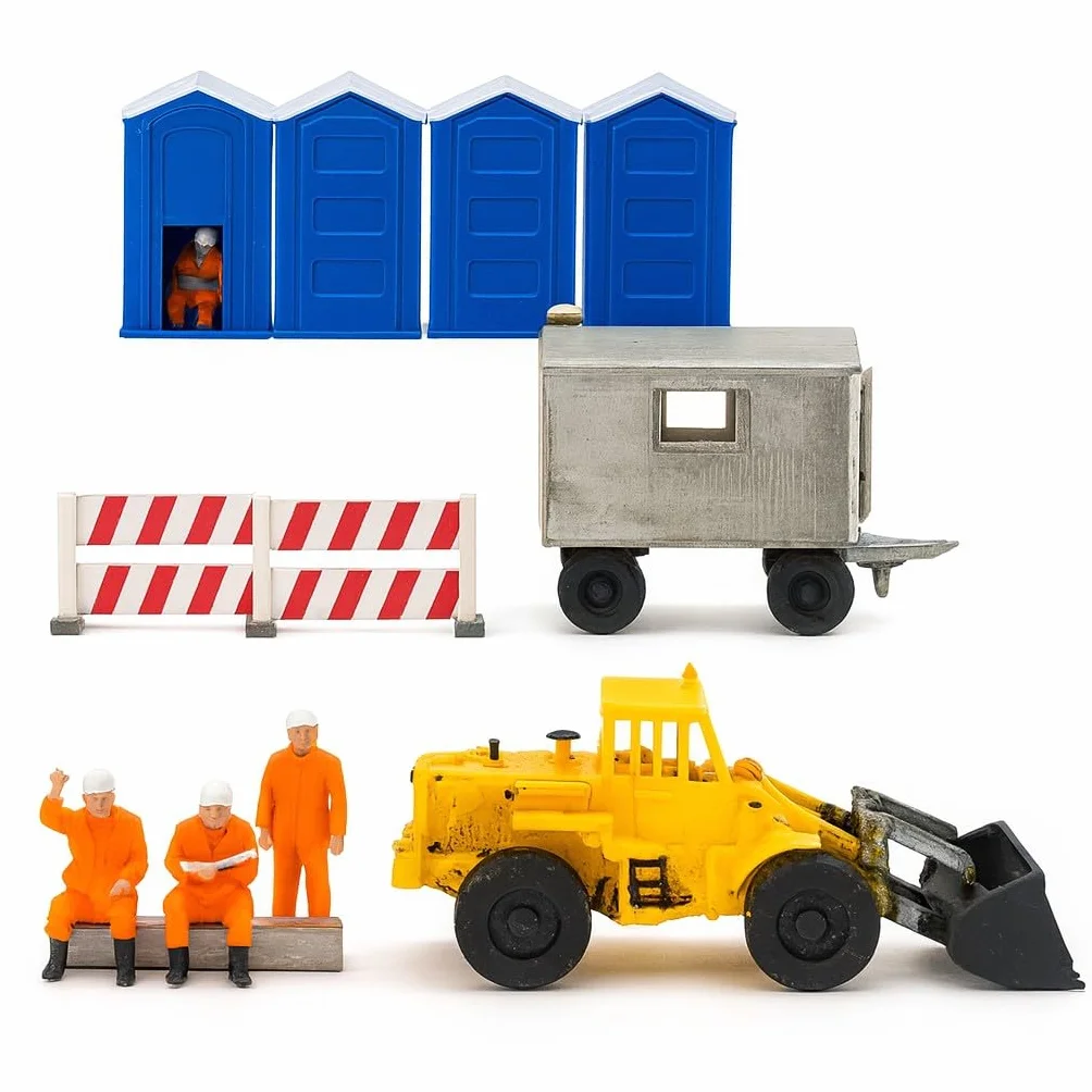 H0 Figurki plac budowy i akcesoria, super zestaw, konstrukcja nr 3 (1:87): miniatury pracowników budowlanych, bariery placu budowy, bloki sanitarne, przyczepy budowlane i koparki – żywica
