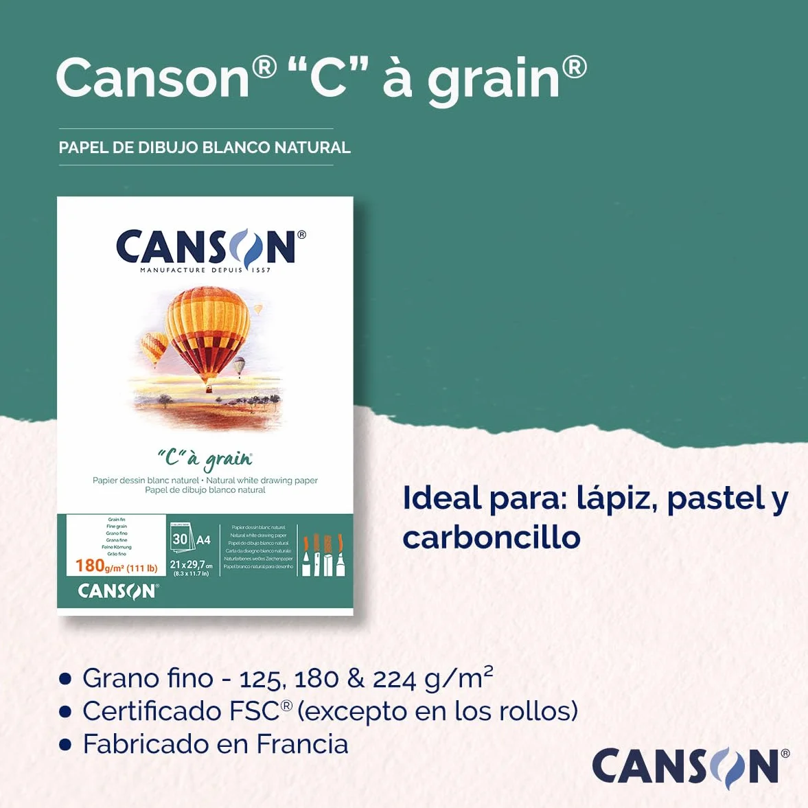 Canson C à grain blok do rysunku klejony, A3, 30 arkuszy, 224 g/m², lekko ziarnisty