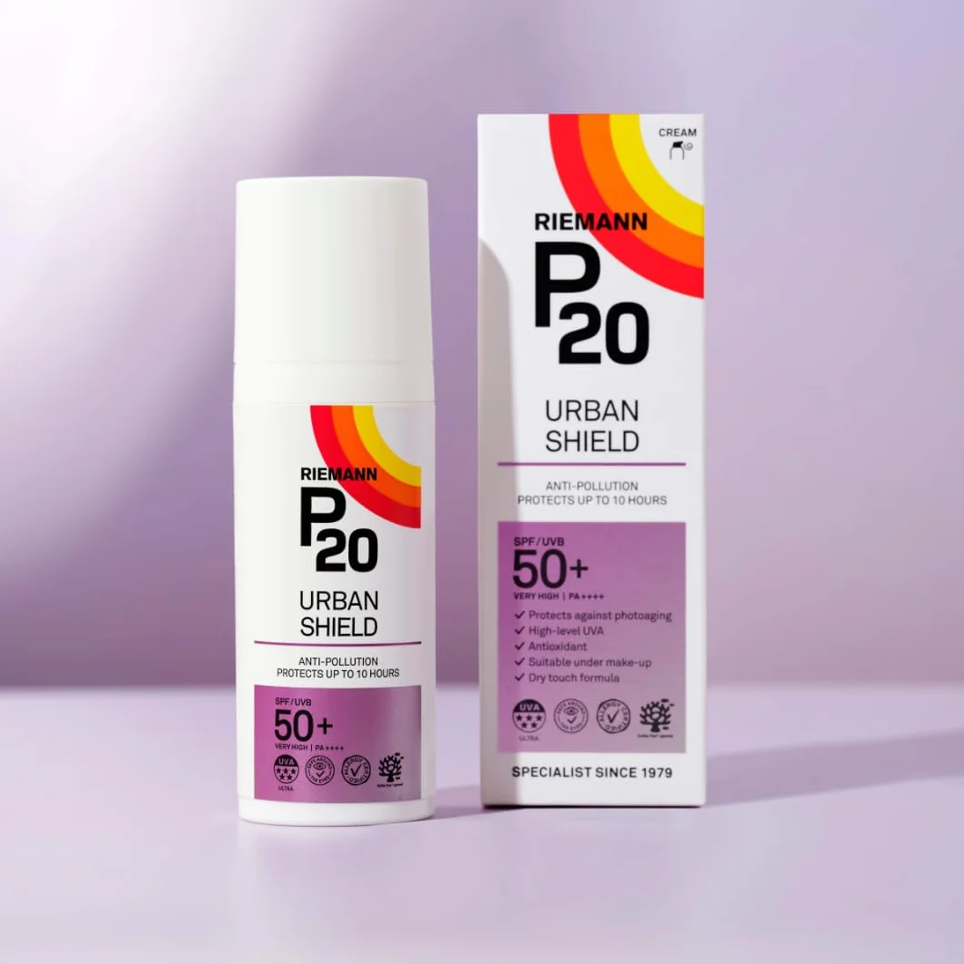 P20 Filtr przeciwsłoneczny SPF 50+, Urban Shield, ochrona przeciwsłoneczna do 10 h, technologia potrójnej ochrony, ochrona przed promieniowaniem UVA/UVB, antyoksydant z witaminą C+E, odporny na wodę i