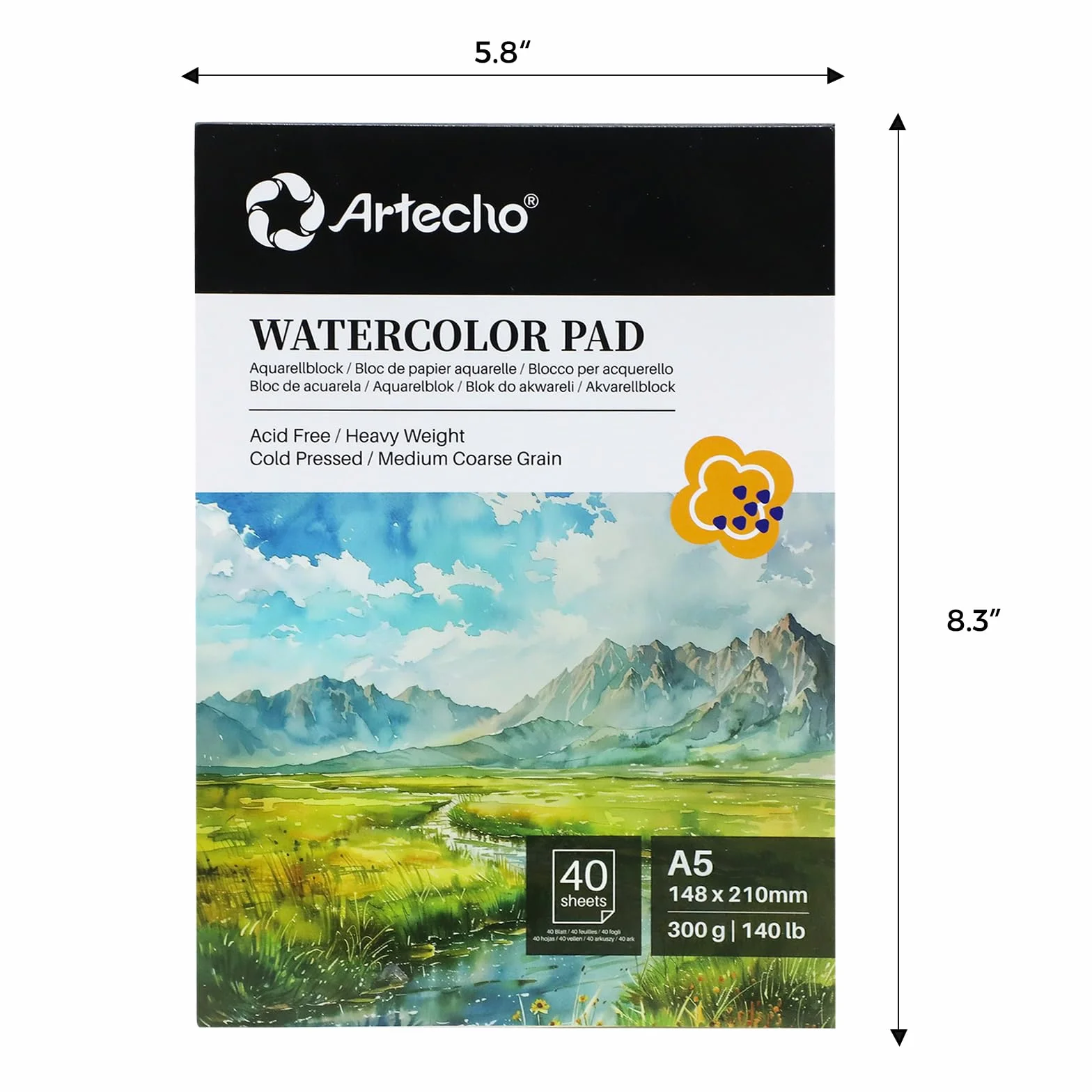 Artecho papier akwarelowy A5, 40 arkuszy z pędzelkiem wodnym i ołówkiem, papier akwarelowy 300 g/m², bloczek do rysunku artystycznego, szkicownik akwarelowy do malowania, rysowania, szkicowania i