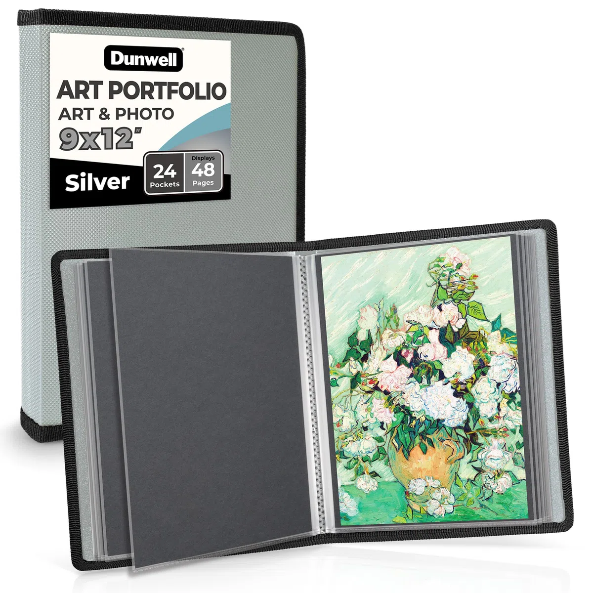 Dunwell Art Portfolio teczka 9 x 30 cm, srebrna, teczka na dzieła sztuki, książka prezentacyjna z ochraniaczami arkuszy 23 x 30 cm, 24 kieszenie, 48 stron, segregator dla dzieci, segregator do rysowania