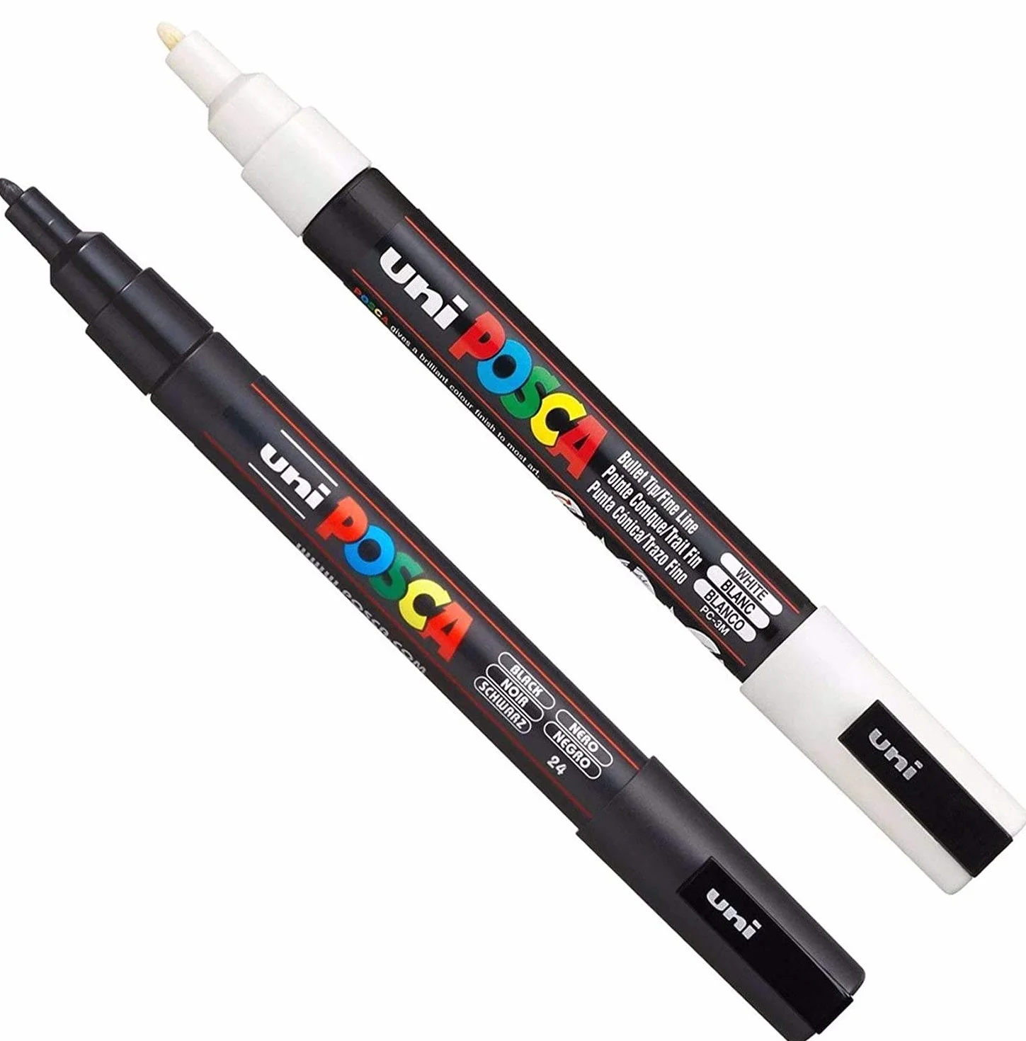 Posca PC-3M Markery do malowania – metalowe pisaki do tkanin i szkła, zestaw czarnych i białych (po 1 sztuce)