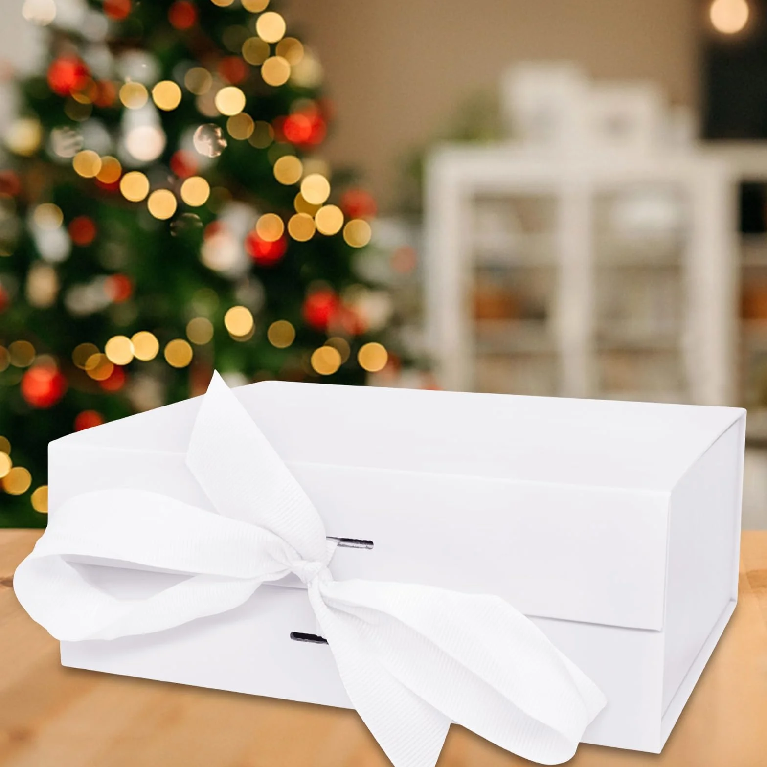 Duże magnetyczne pudełko prezentowe z pokrywką, 21 x 17 x 7 cm, białe – z kokardką, kopertówka – pudełko prezentowe na ślub, urodziny, Boże Narodzenie