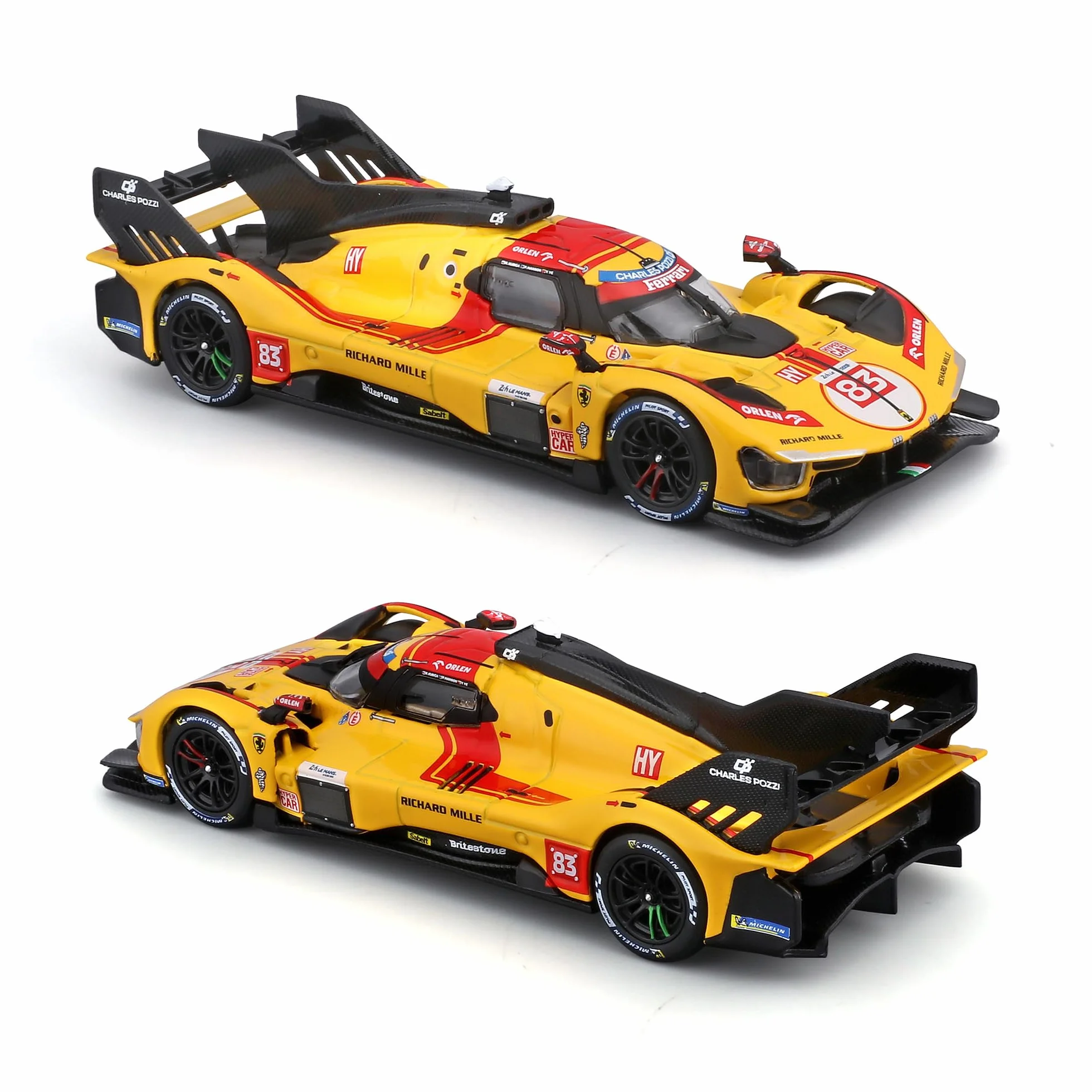 Bburago - Ferrari 499P 24H LE MANS Champion 2025#83, model samochodu w skali 1:43, szczegółowa replika zwycięzcy Le Mans, oficjalna licencja Ferrari, zalecany wiek 3+ lata