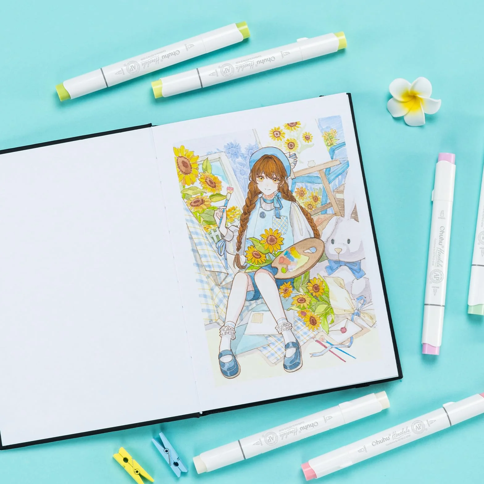 Ohuhu Dwustronny szkicownik A5 odporny na przebarwienia, papier 150 g/m² bez przebarwień, 120 stron (60 arkuszy), 14 × 21,6 cm (rozmiar A5), notatnik artystyczny ze skóry poliuretanowej w twardej