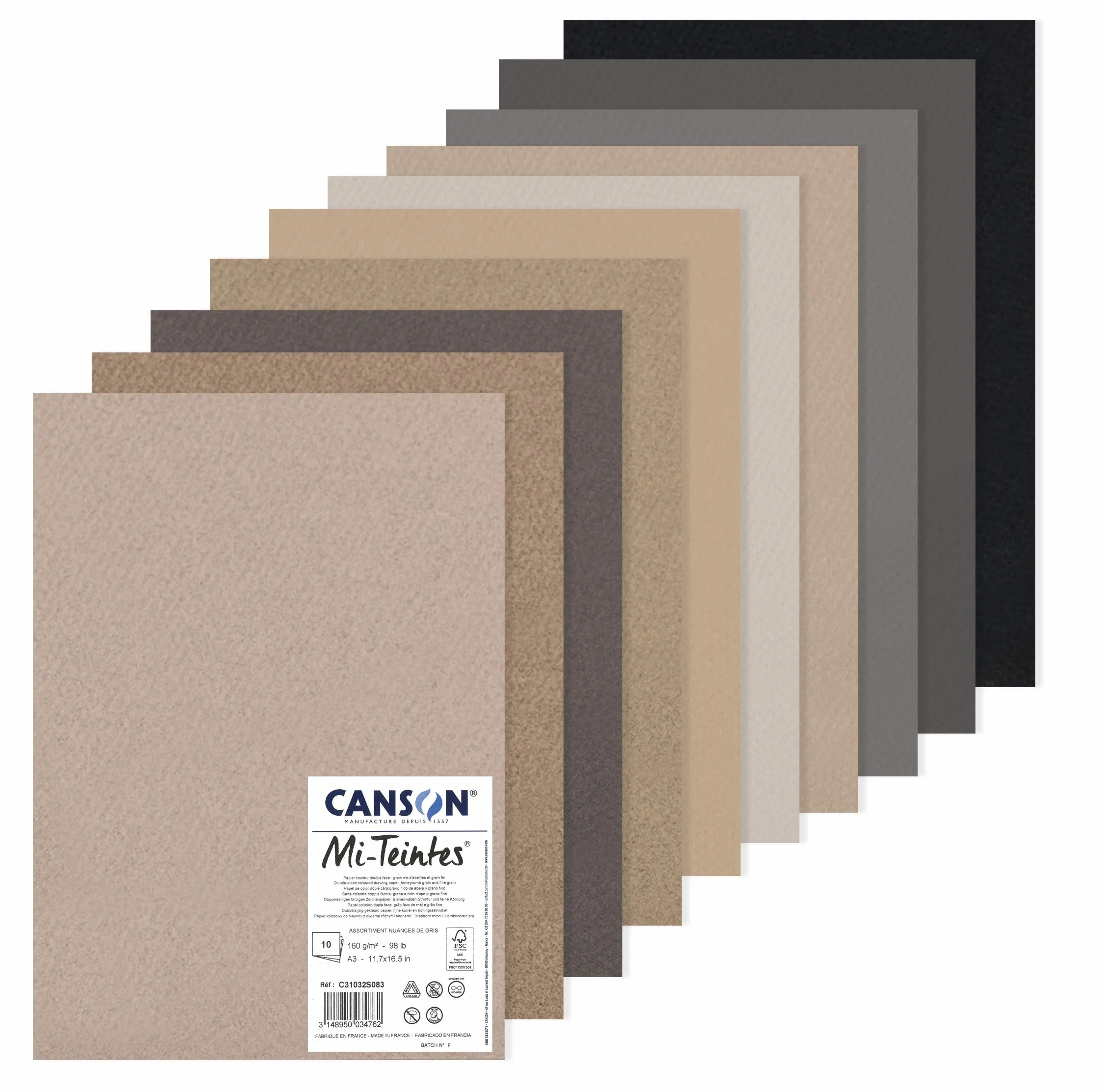 Canson Opakowanie Mi-Teintes A3 10H 60% pszczoła 160g odcienie szarości