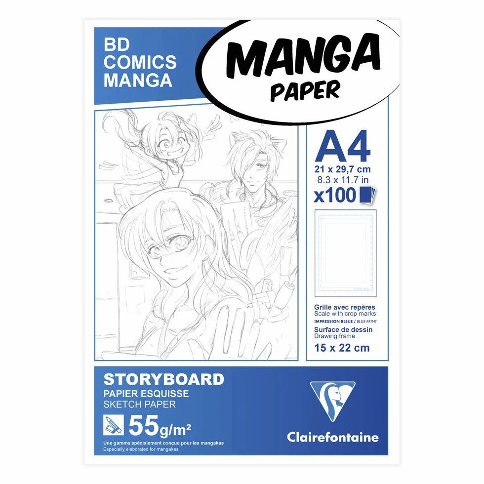 Clairefontaine 94037C – Blok klejony Manga i Storyboard – 100 arkuszy szkicowego białego papieru A4 21x29,7 cm 55 g – papier z prostą siatką