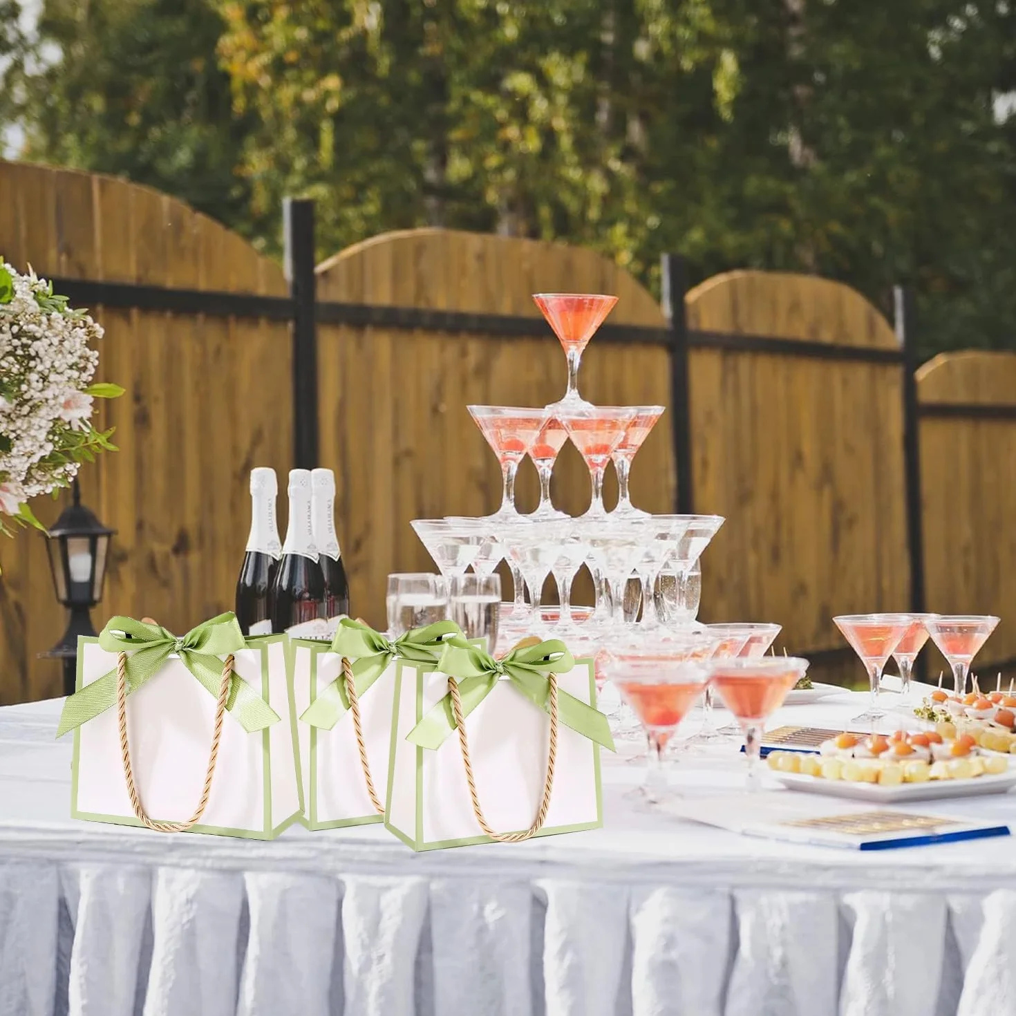 12 sztuk małych torebek na prezenty z uchwytami, mini torebki na prezenty "Dziękuję" ze wstążką na ślub, baby shower, urodziny (białe, zielone, 12 sztuk)
