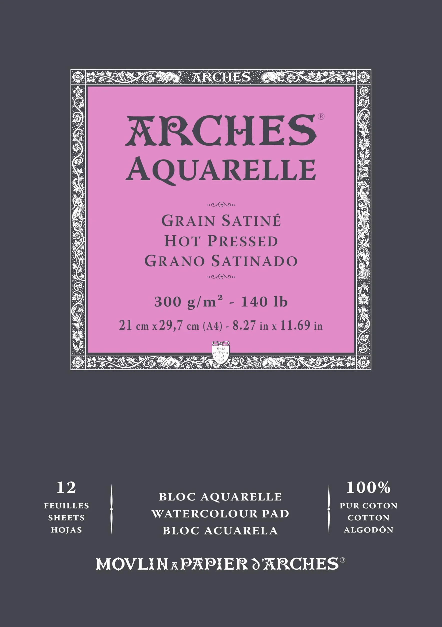 ARCHES A1795096 Block Enc 21 x 29,7 12H akwarele 100% satyna 300 g Blanc Nat, naturalna biel