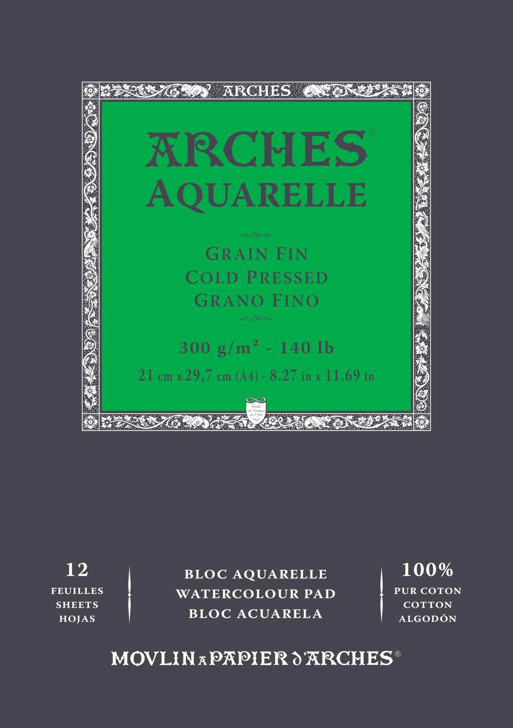 ARCHES A1795091 Akwarela 100% drobna 300 g klejony blok A4 12 arkuszy naturalna biel