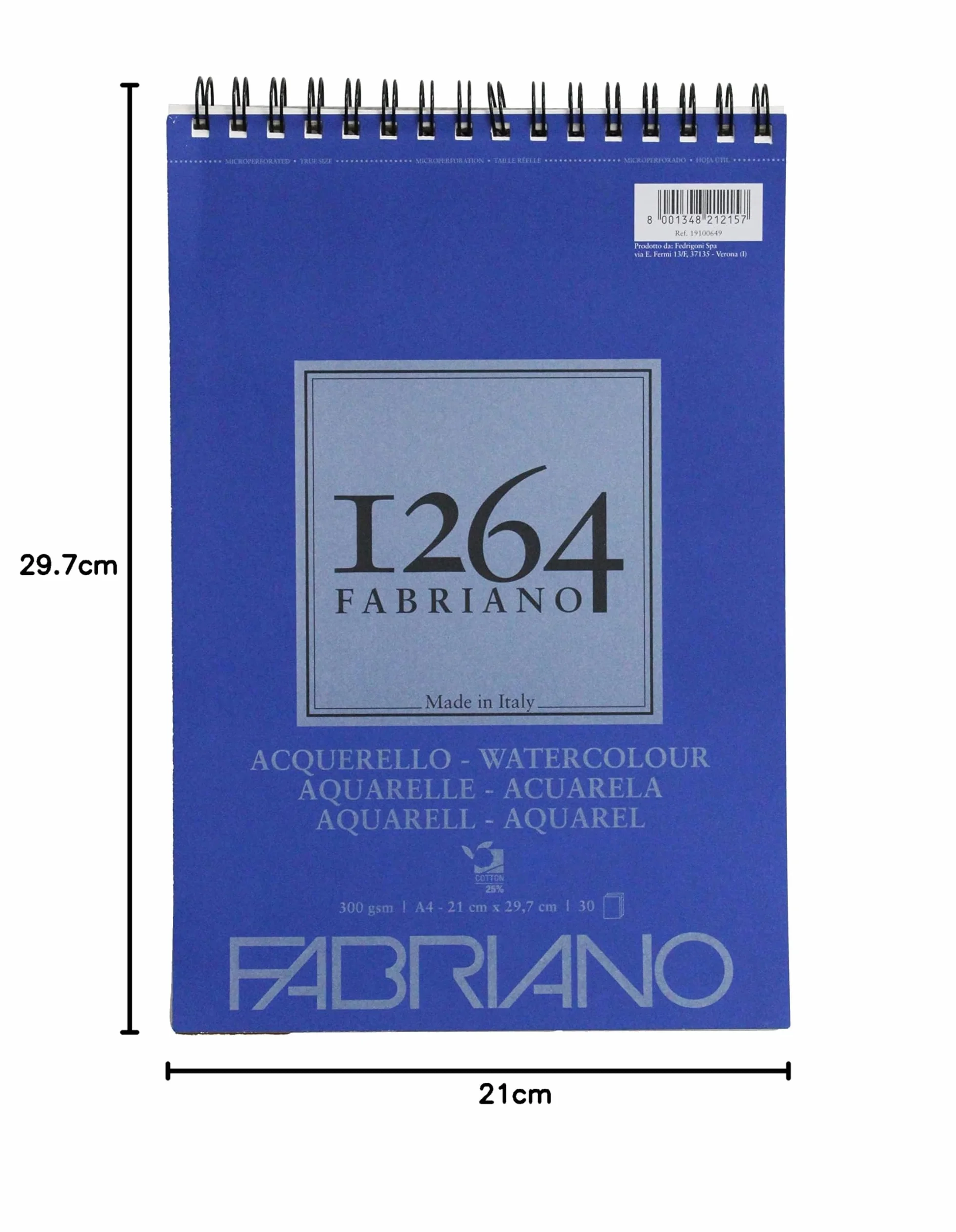 Honsell 19100649 - Fabriano Watercolour blok rysunkowy z wiązaniem spiralnym 1264, 300 g/m², DIN A4, 30 arkuszy naturalnej bieli, satynowany papier o średniej ziarnistości, bezkwasowy, do wszystkich