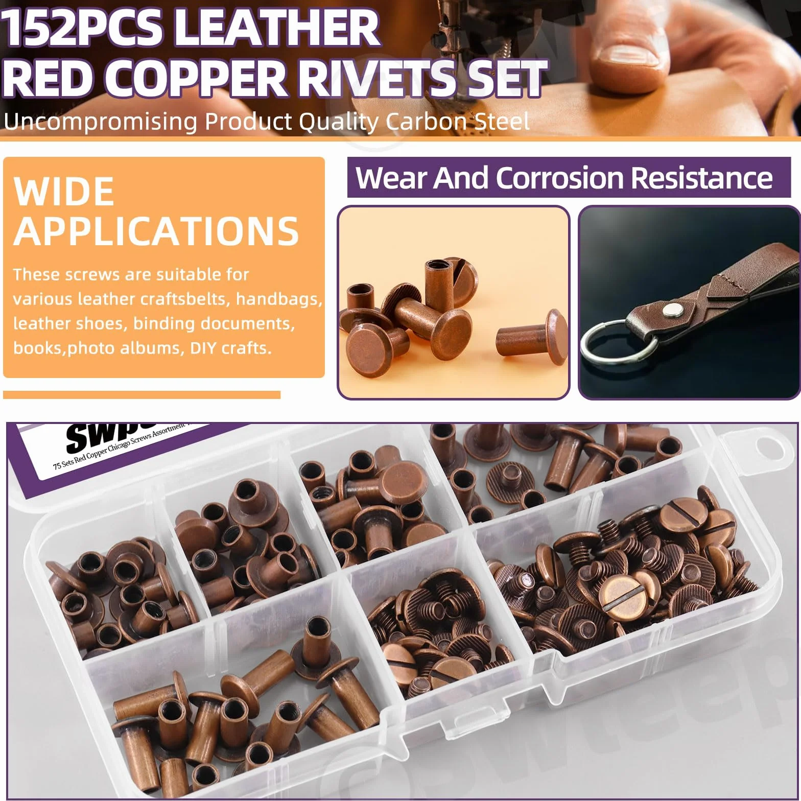 Swpeet 152 szt. M5 x 5 mm, 6 mm, 8 mm, 10 mm, 12 mm czerwone brązowe wkręty do skóry nity sortowane z dziurką i śrubokrętem, okrągła płaska śruba do rękodzieła i introligatorstwa