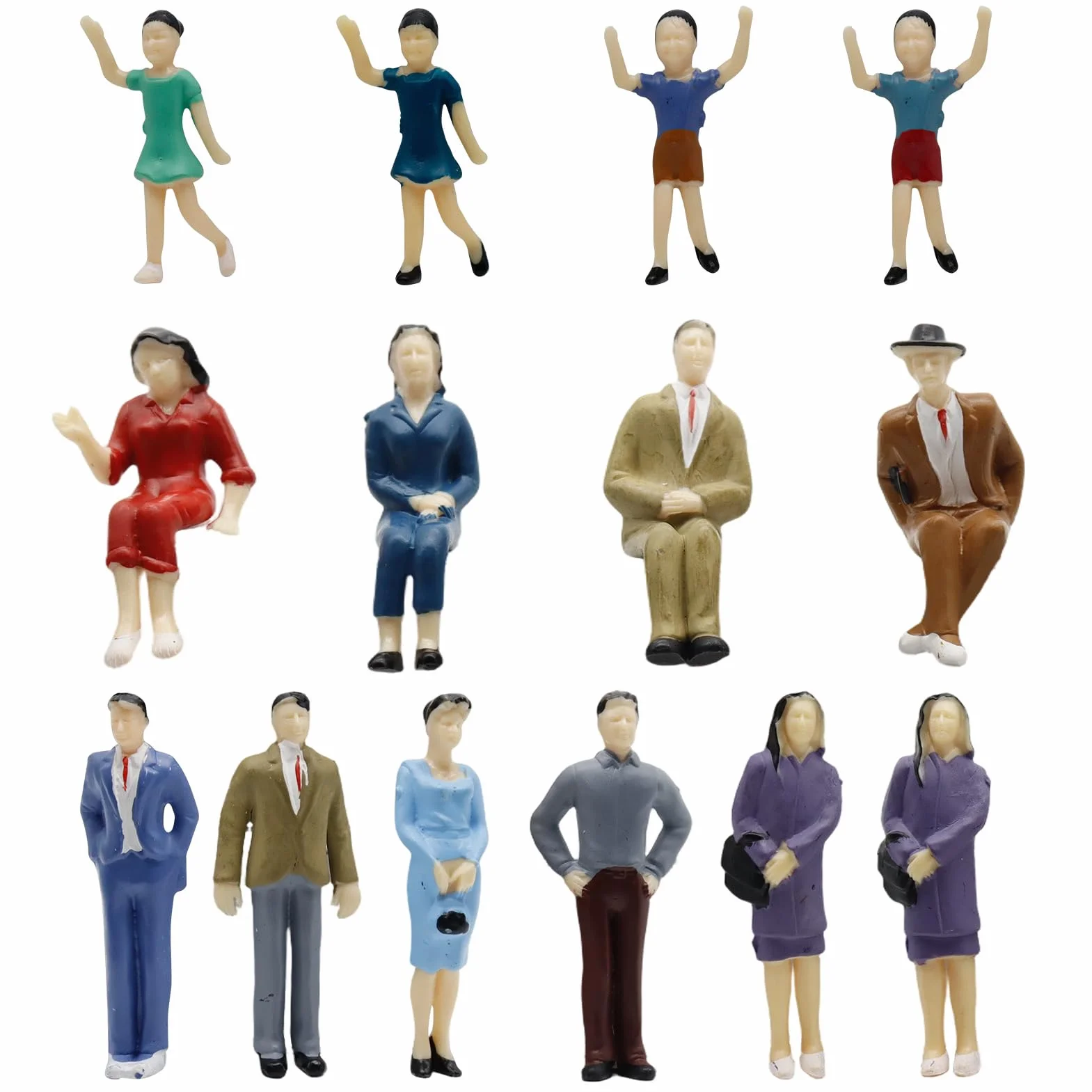 Miniaturki postaci ludzkich, 14 sztuk, skala 1:25, figurki do modeli kolejowych, miniaturowe figurki ludzi, postacie siedzące i stojące w różnych pozach,symulacja scenariusza