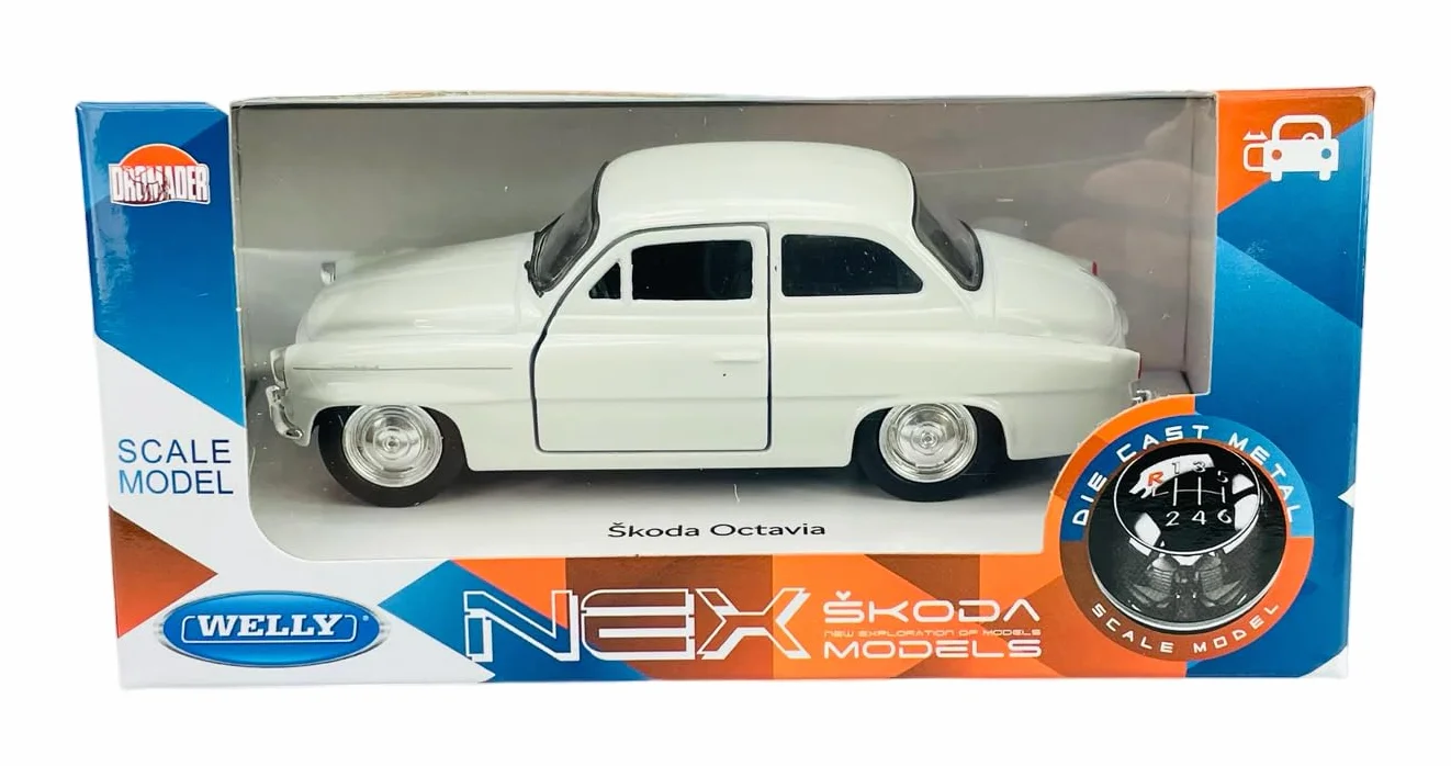 Welly model samochodu, kompatybilny z Skoda Octavia 1959, biały, ok. 1/34-1/39, metalowy odlew w skrzynce