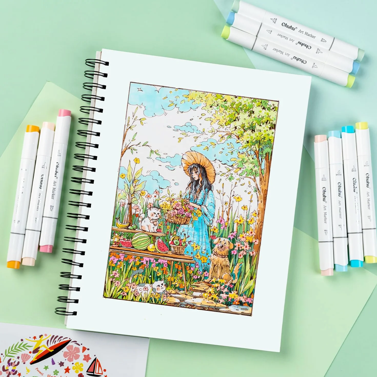Ohuhu Sketchbook A4, 150GSM Blok do Markerów bez Przeciekania dla Artystów, 60 Kartek/120 Stron Spirala, Papier do Rysowania Dwustronny, Nie Przecieka dla Markerów Alkoholowych
